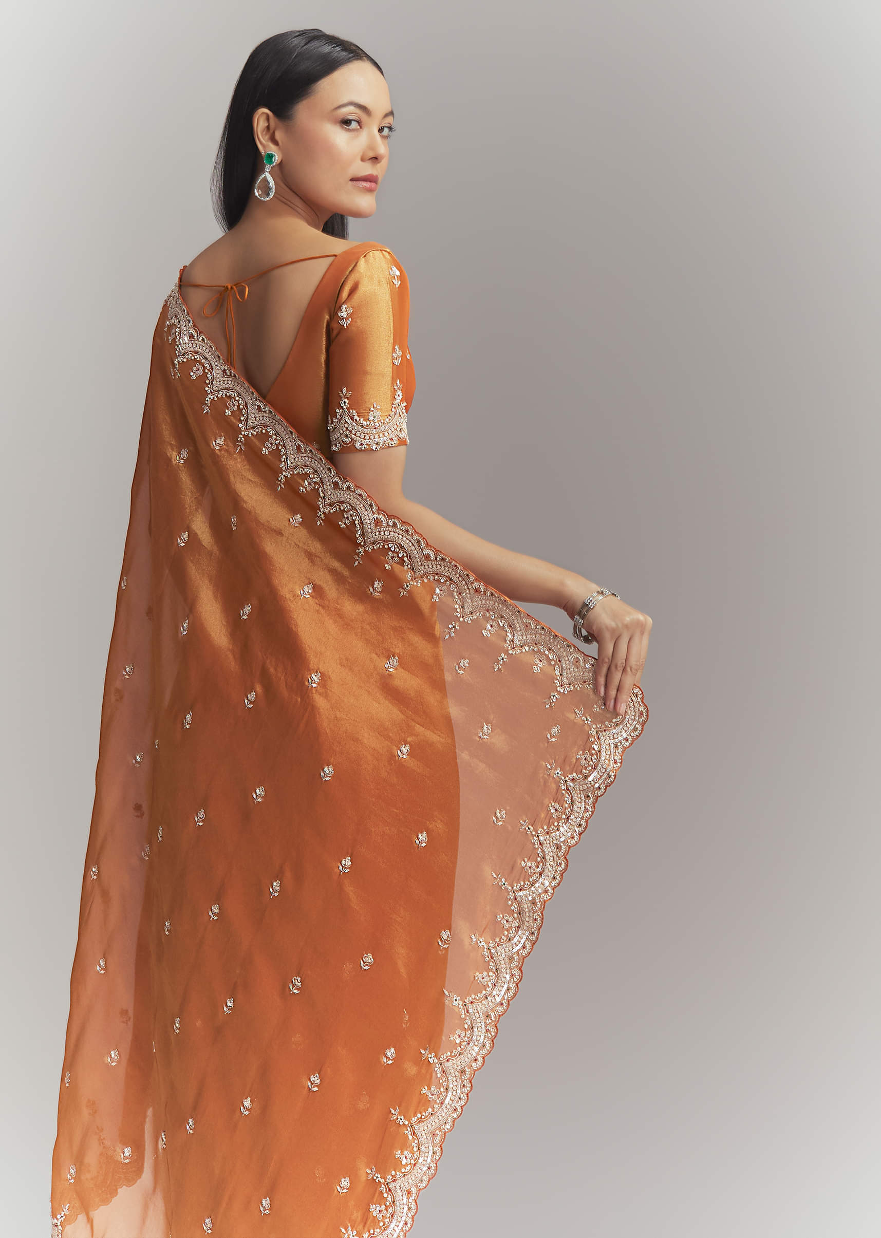 Rust Orange Silk Embroidered Saree With Heavy Hand Embroidery - Image 6