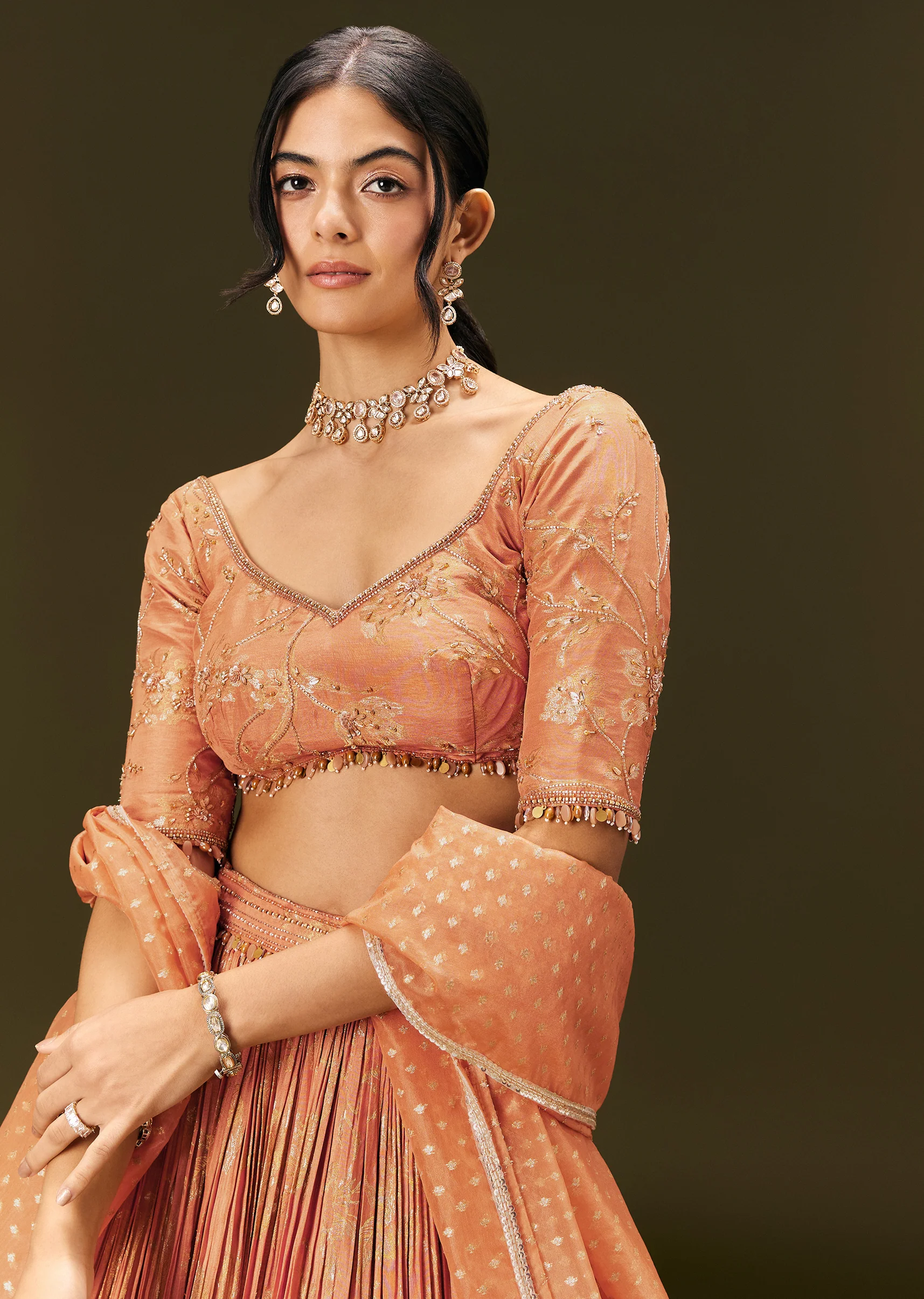 Rust Orange Tassel Embroidered Blouse With Lehenga And Dupatta - Image 4