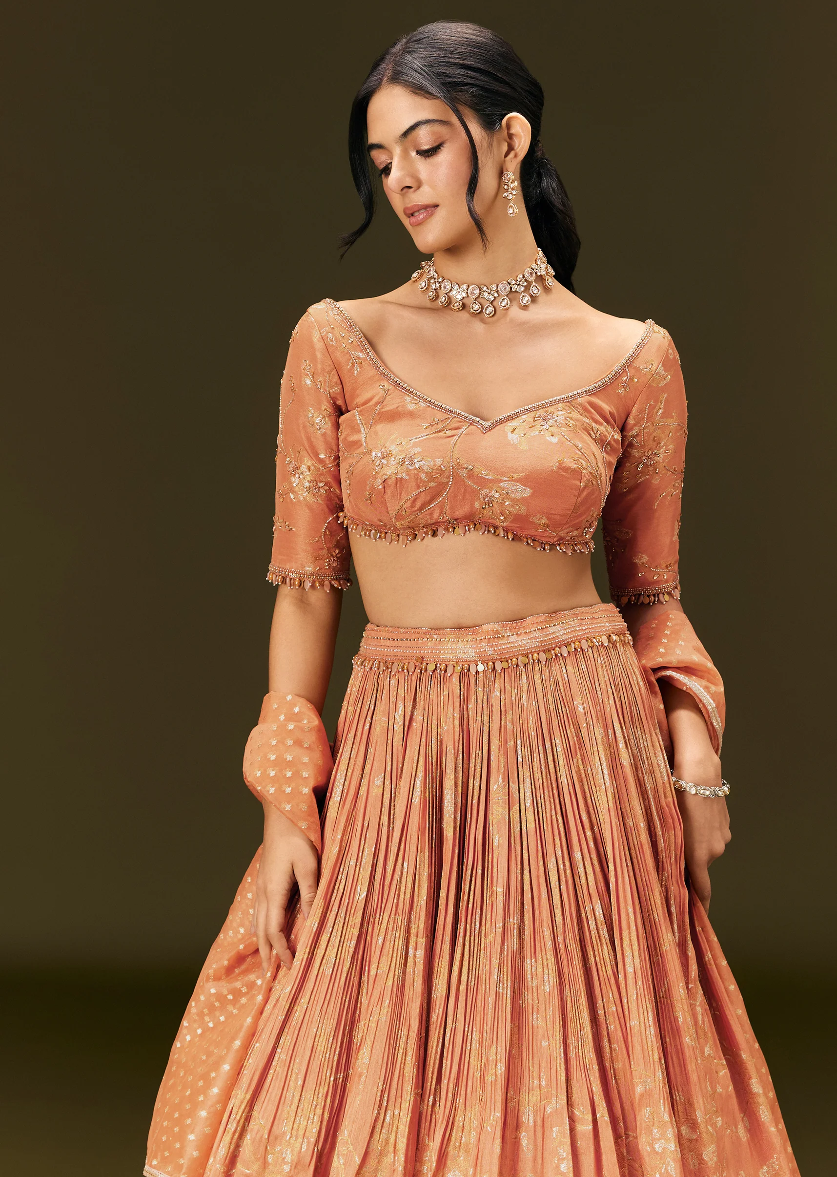 Rust Orange Tassel Embroidered Blouse With Lehenga And Dupatta - Image 7