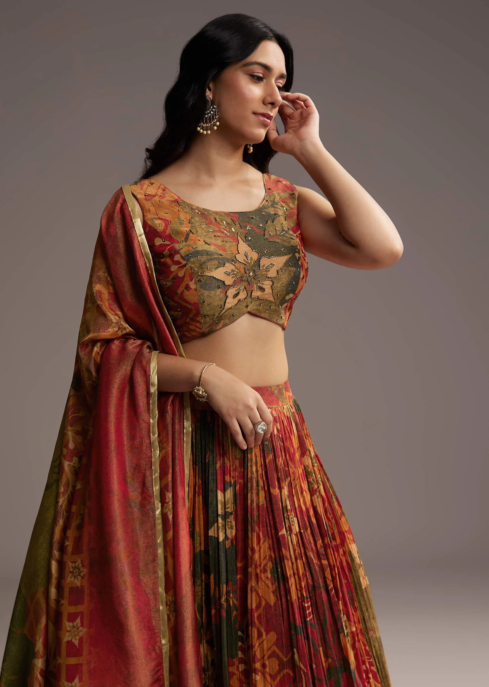 Rust Orange Tissue Lehenga Choli With Floral Print - Image 5