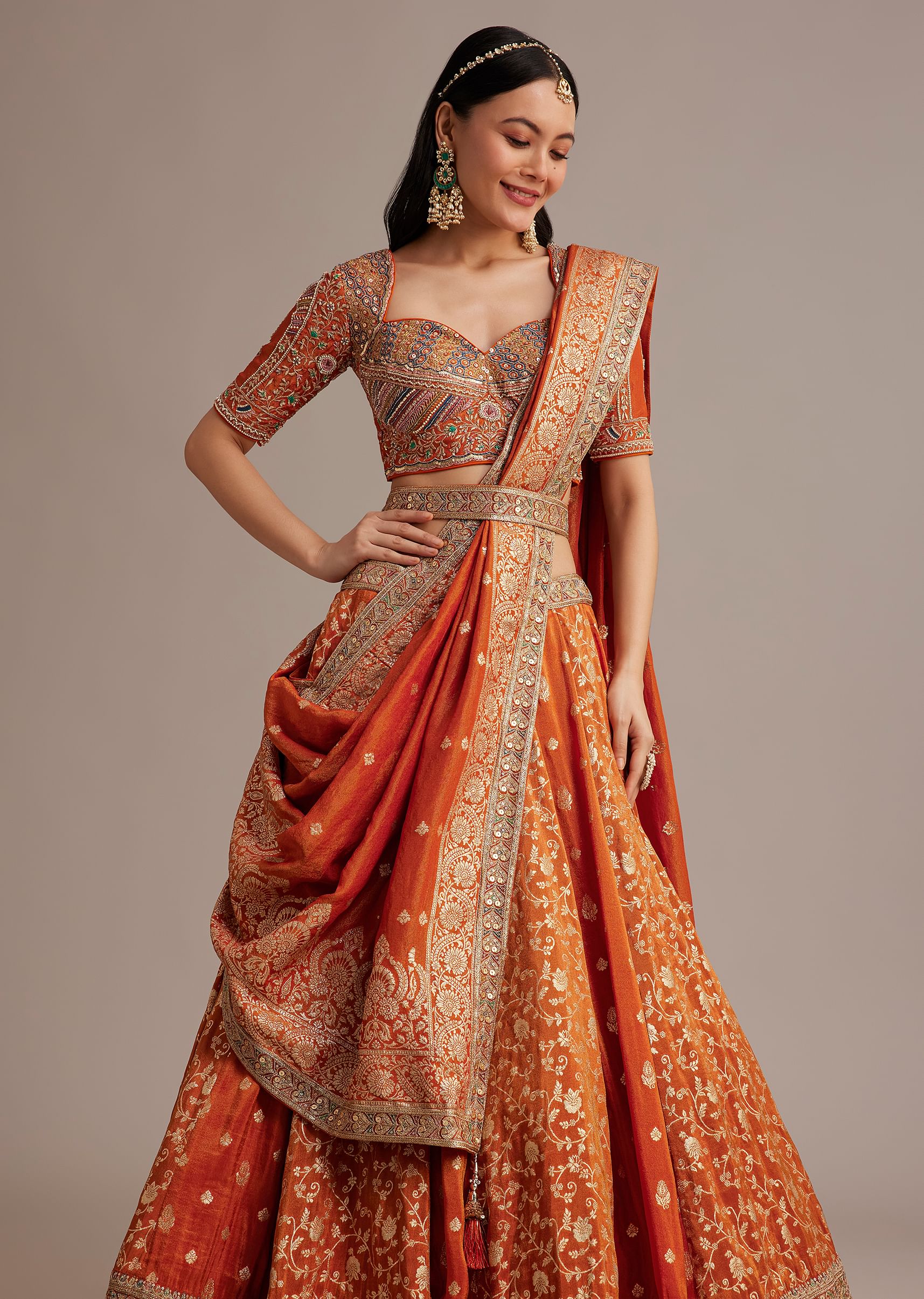 Rust Orange Tissue Lehenga Set With Resham Zari And Sequins Work - Image 4