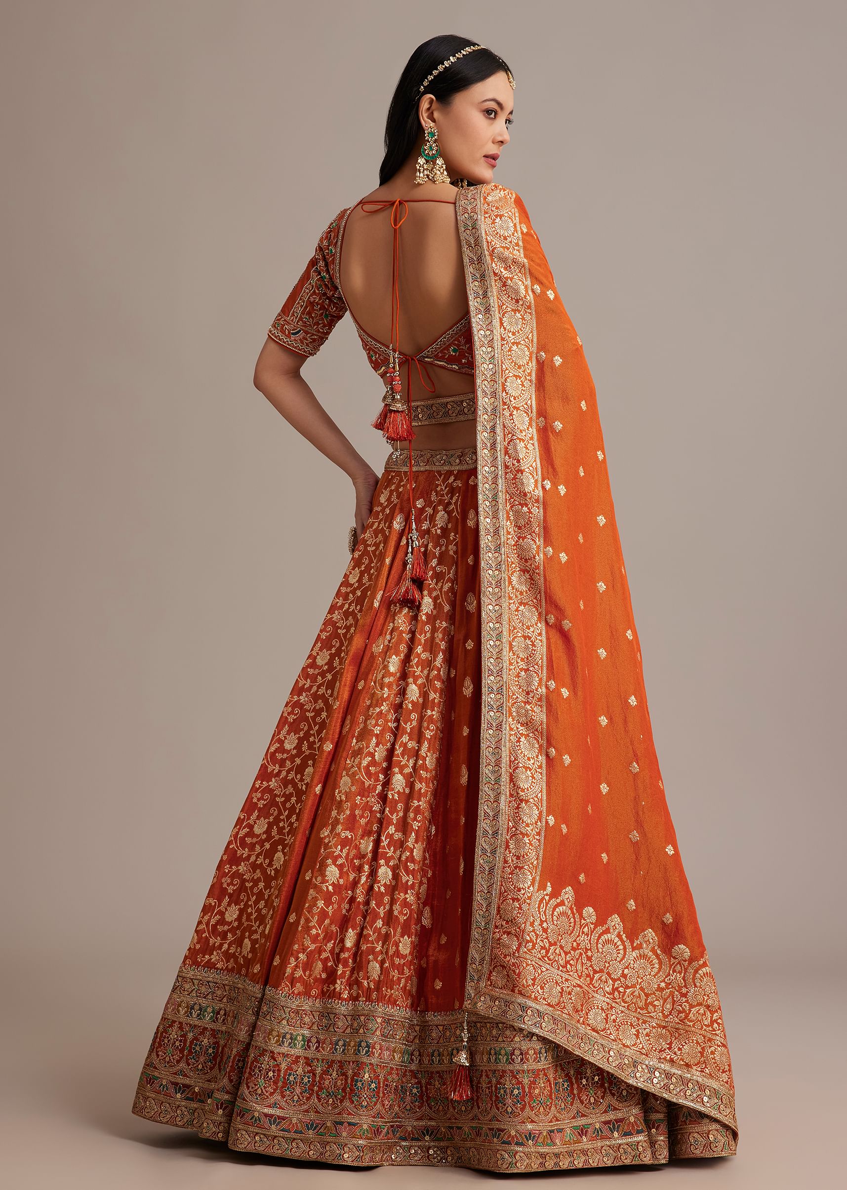 Rust Orange Tissue Lehenga Set With Resham Zari And Sequins Work - Image 5