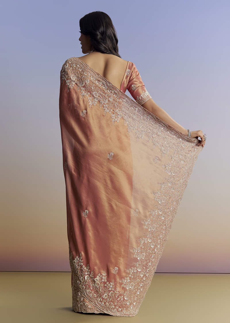 Rust Orange Tissue Saree With Floral Embroidery In Cutdana Sequins And Beads - Image 6