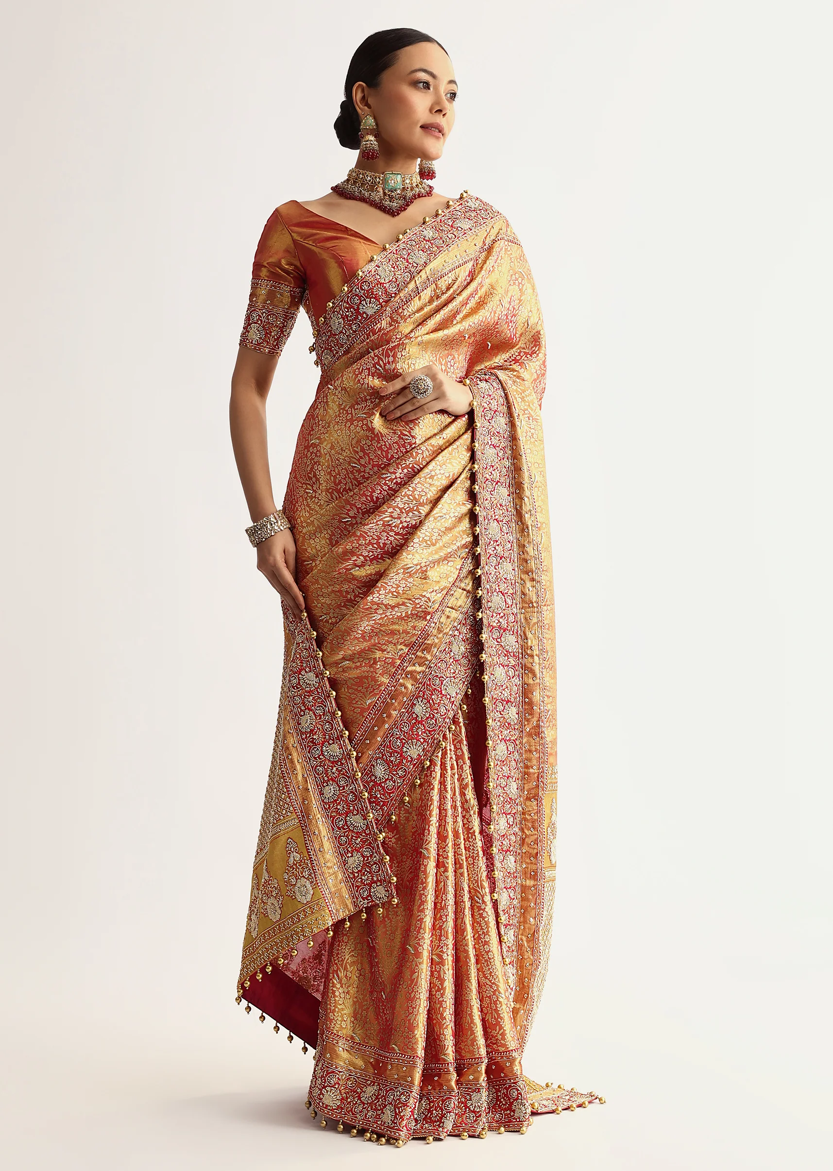 Rust Orange Tissue Saree With Heavily Embroidered Border And Pallu - Image 10