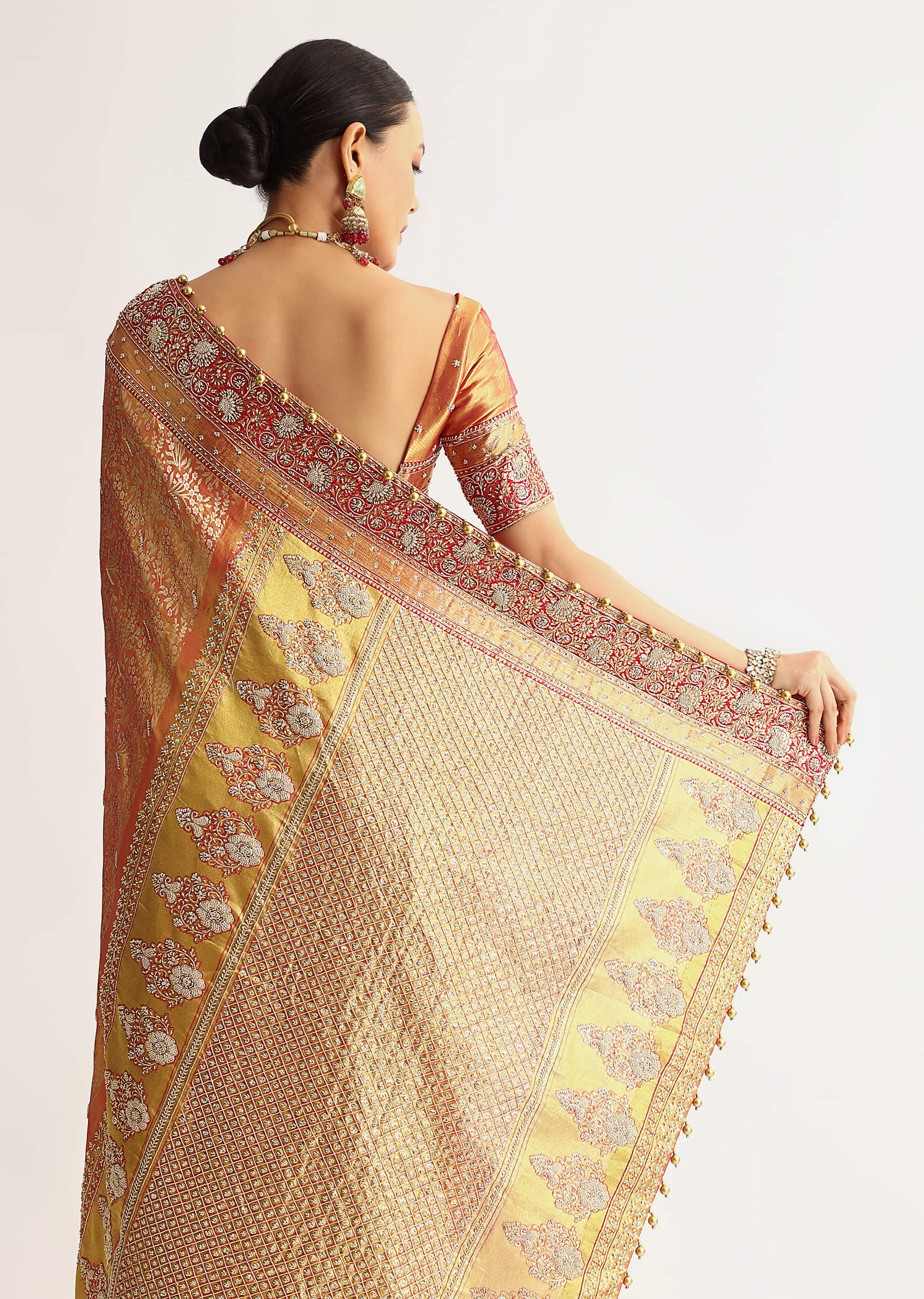 Rust Orange Tissue Saree With Heavily Embroidered Border And Pallu - Image 4