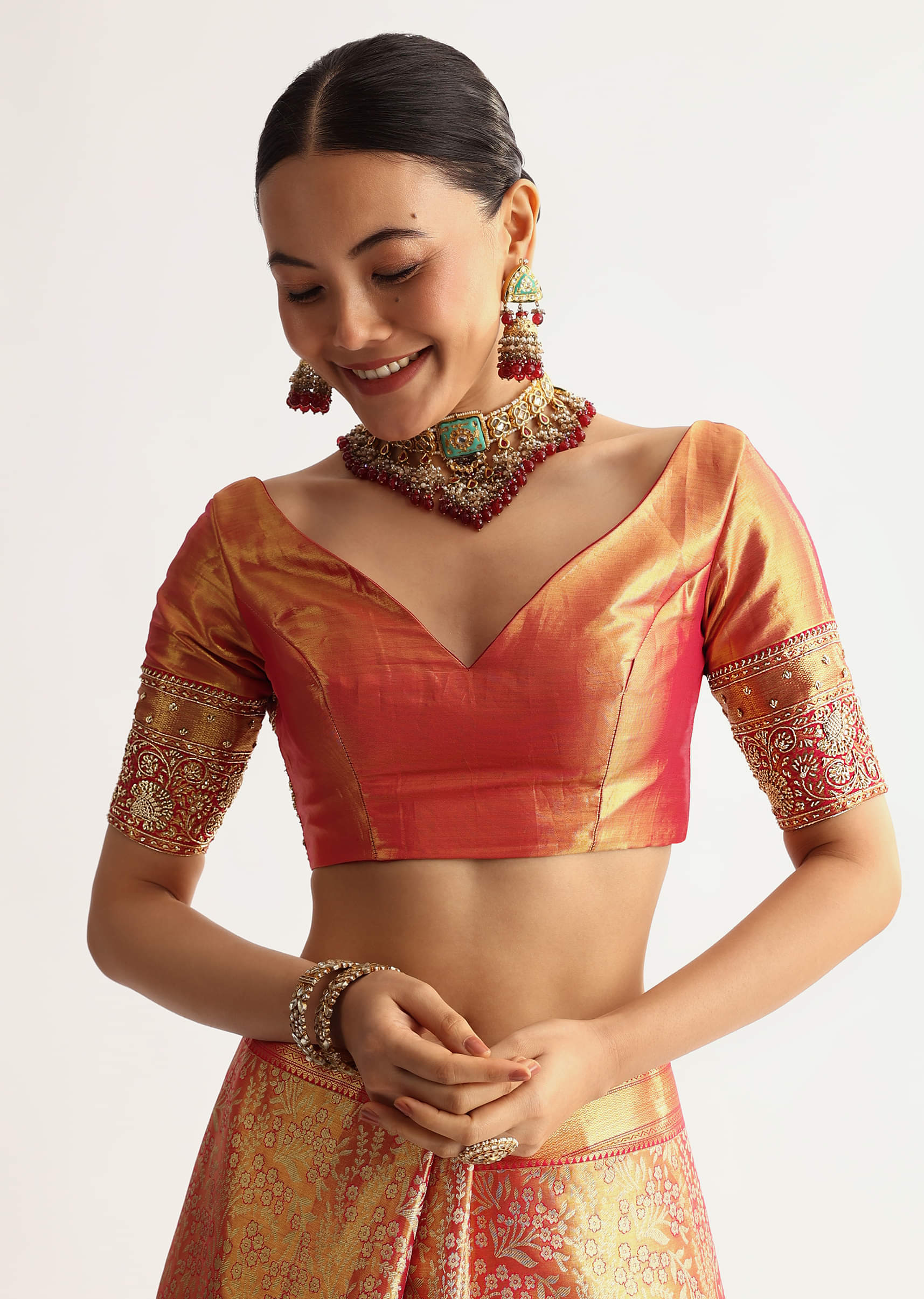 Rust Orange Tissue Saree With Heavily Embroidered Border And Pallu - Image 7