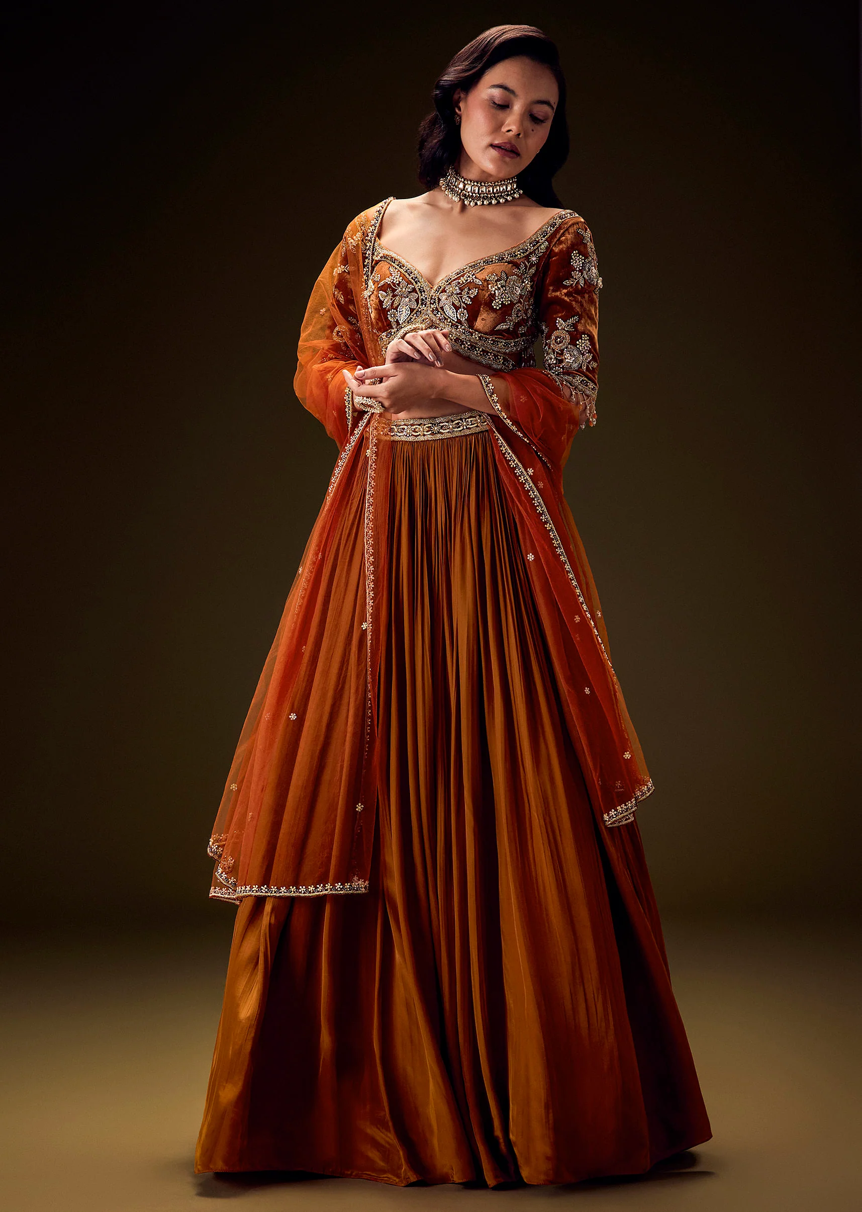 Rust Orange Velvet Lehenga With Embellished Cross Body Blouse and Dupatta - Image 3