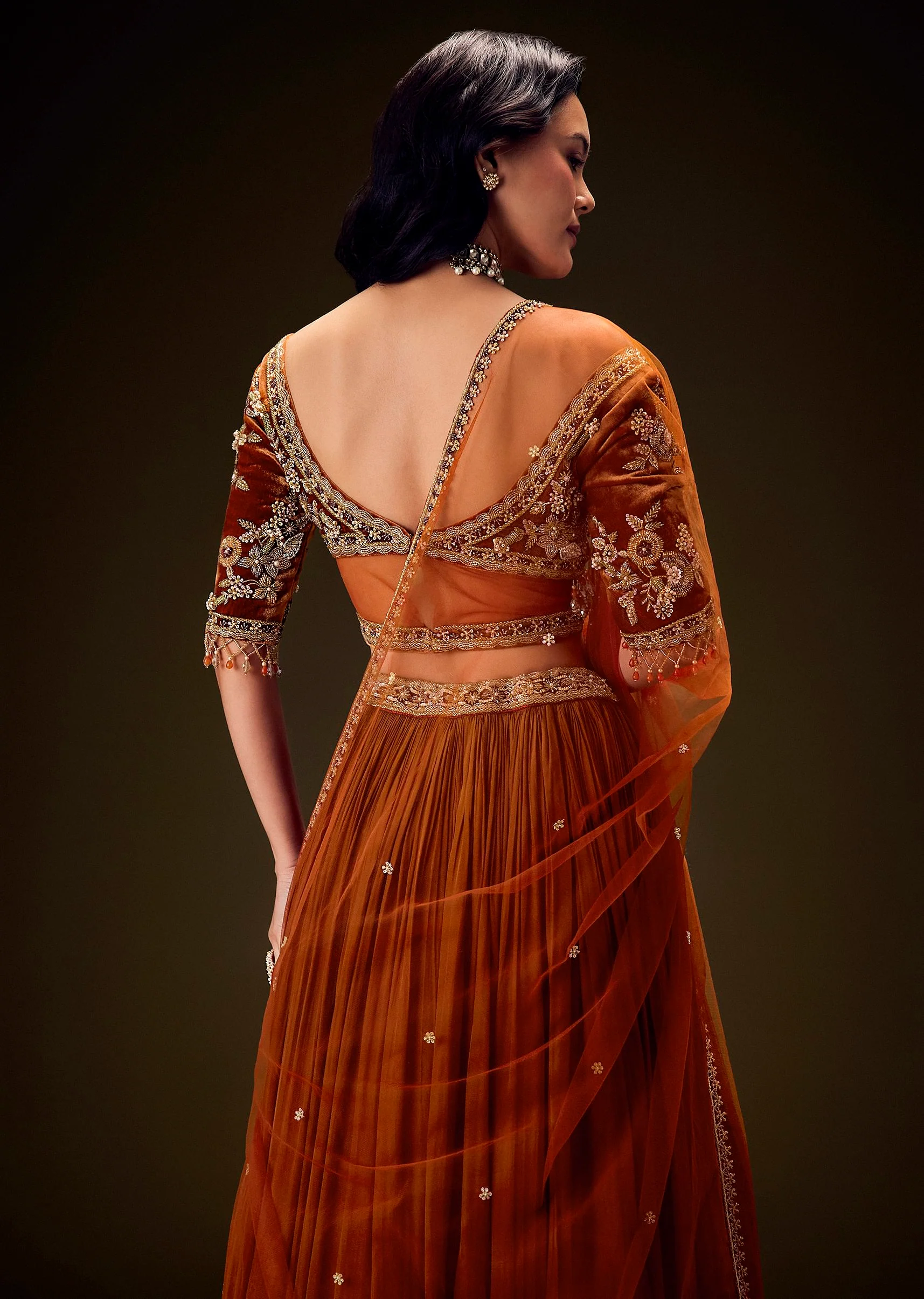 Rust Orange Velvet Lehenga With Embellished Cross Body Blouse and Dupatta - Image 4