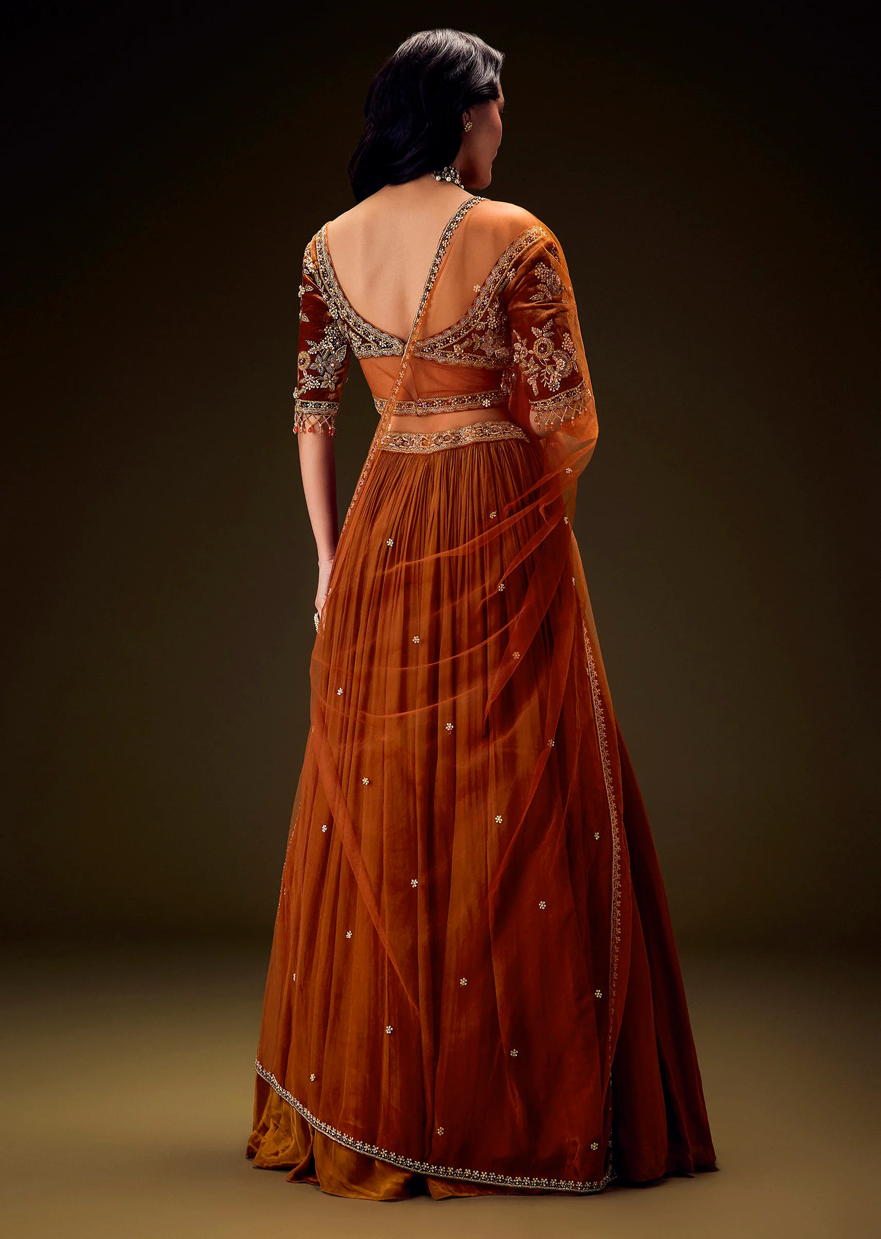 Rust Orange Velvet Lehenga With Embellished Cross Body Blouse and Dupatta - Image 6