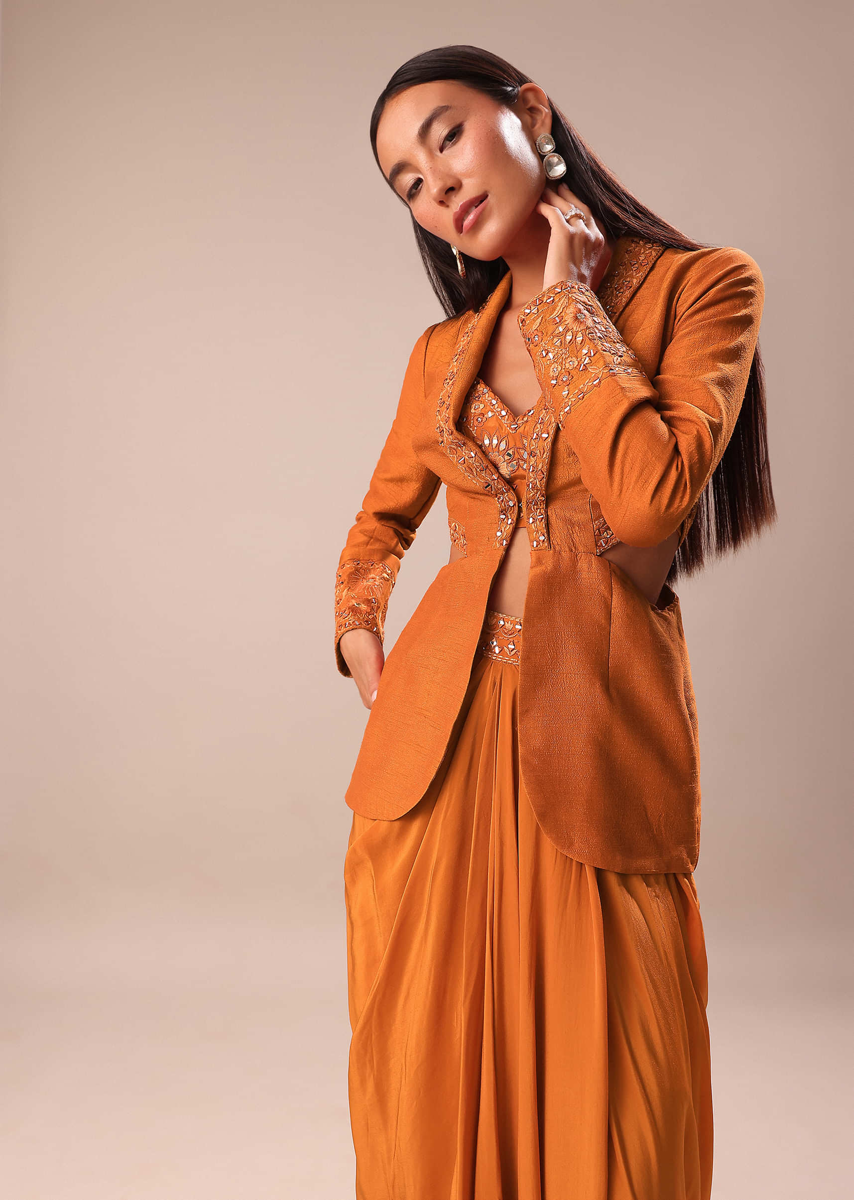 Rust Organza Jacket With Bustier And Draped Skirt - Image 2