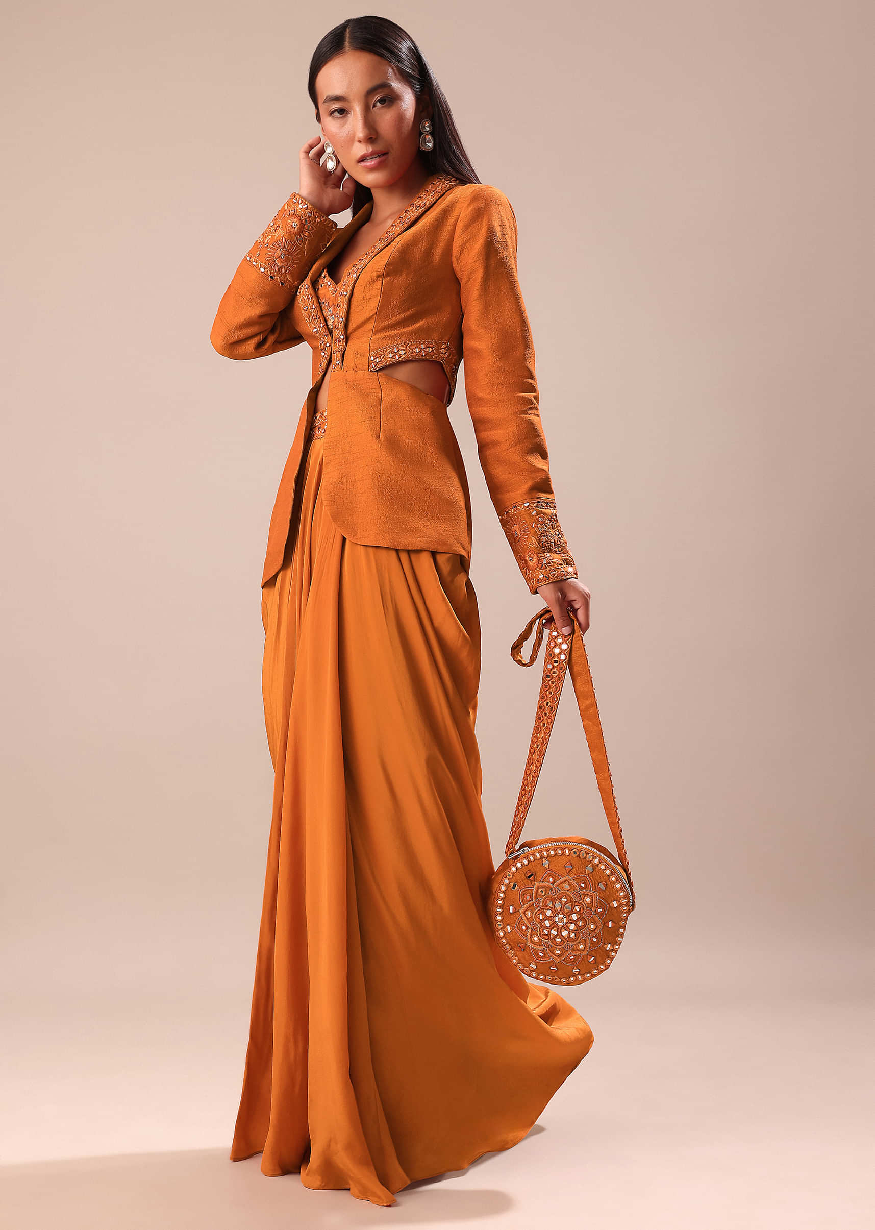 Rust Organza Jacket With Bustier And Draped Skirt - Image 3