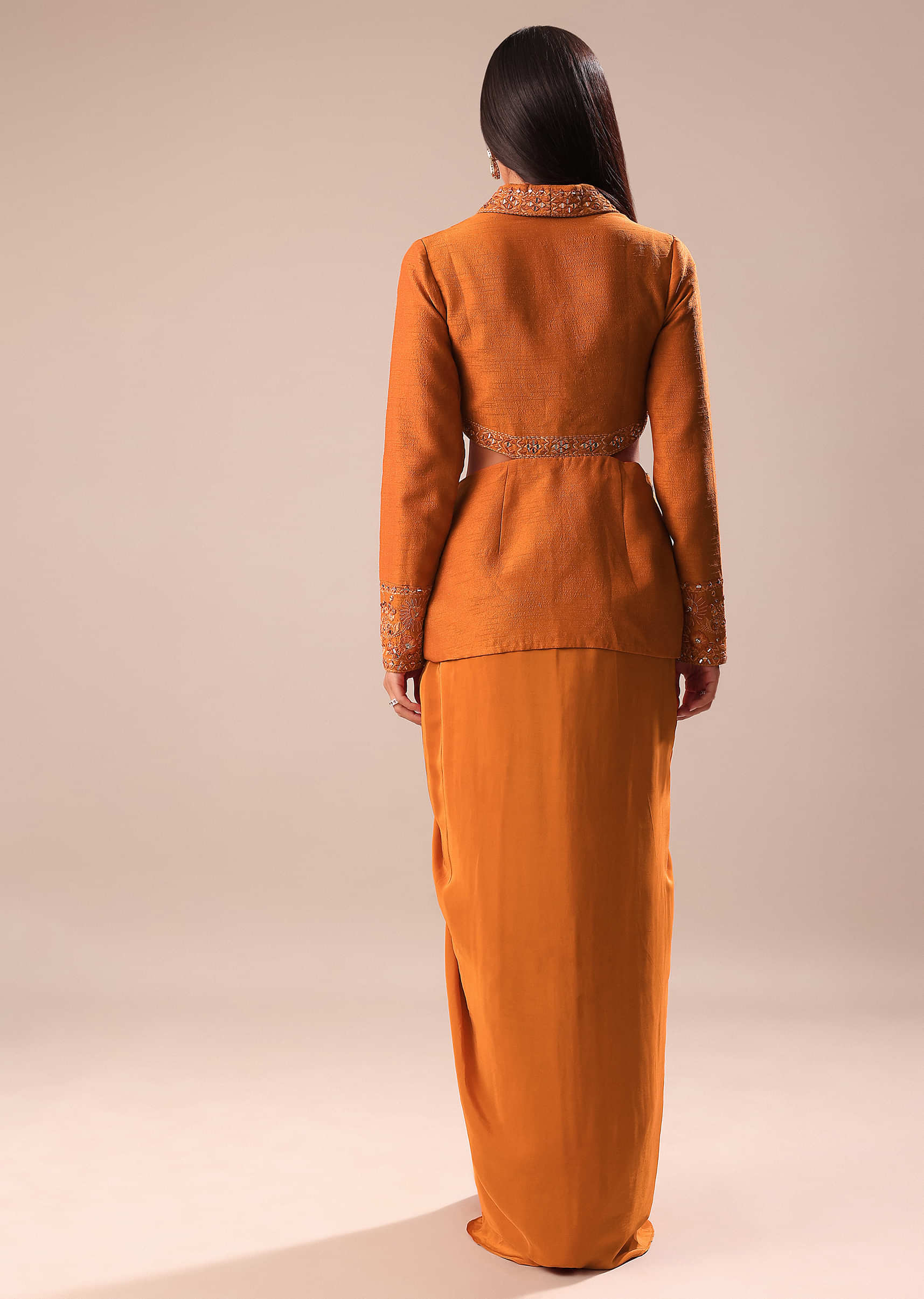 Rust Organza Jacket With Bustier And Draped Skirt - Image 5