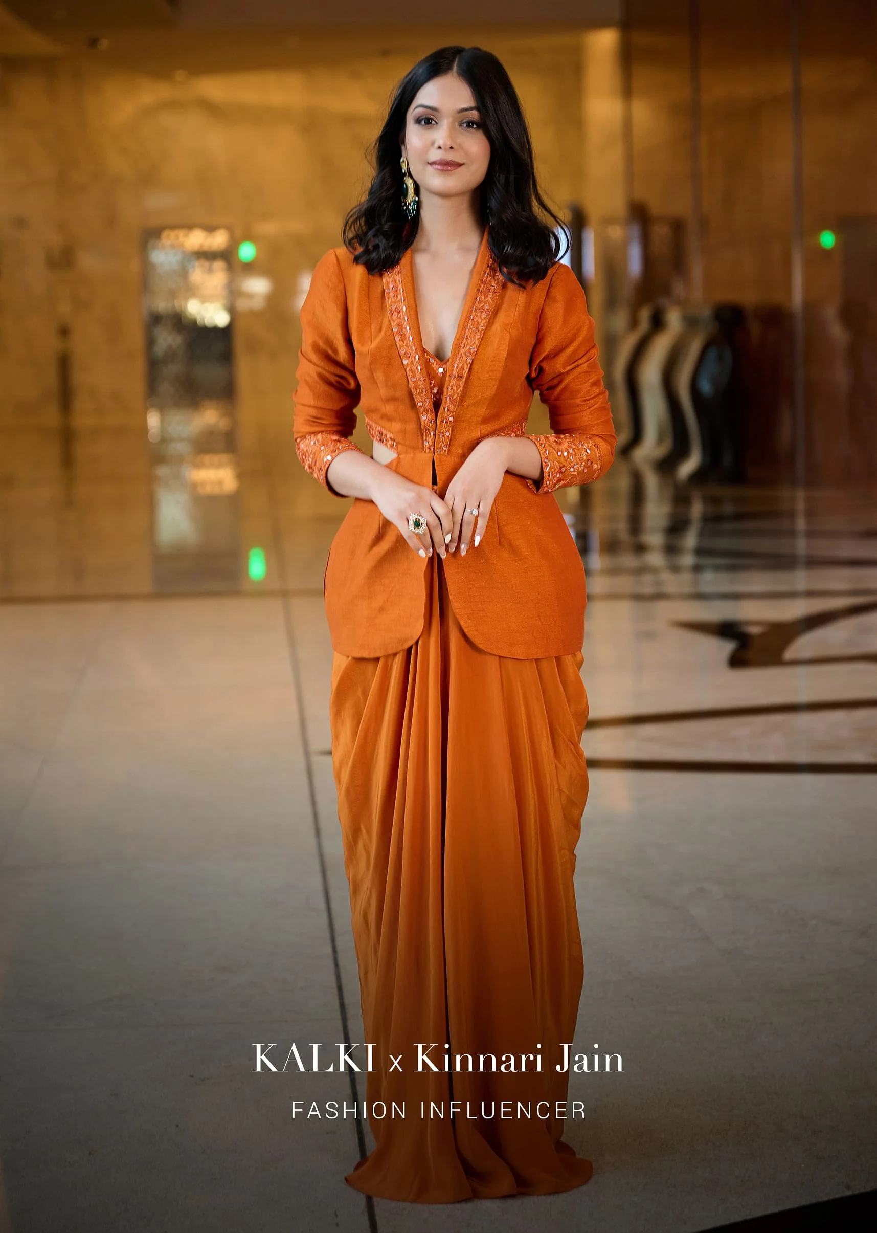 Rust Organza Jacket With Bustier And Draped Skirt - Image 6