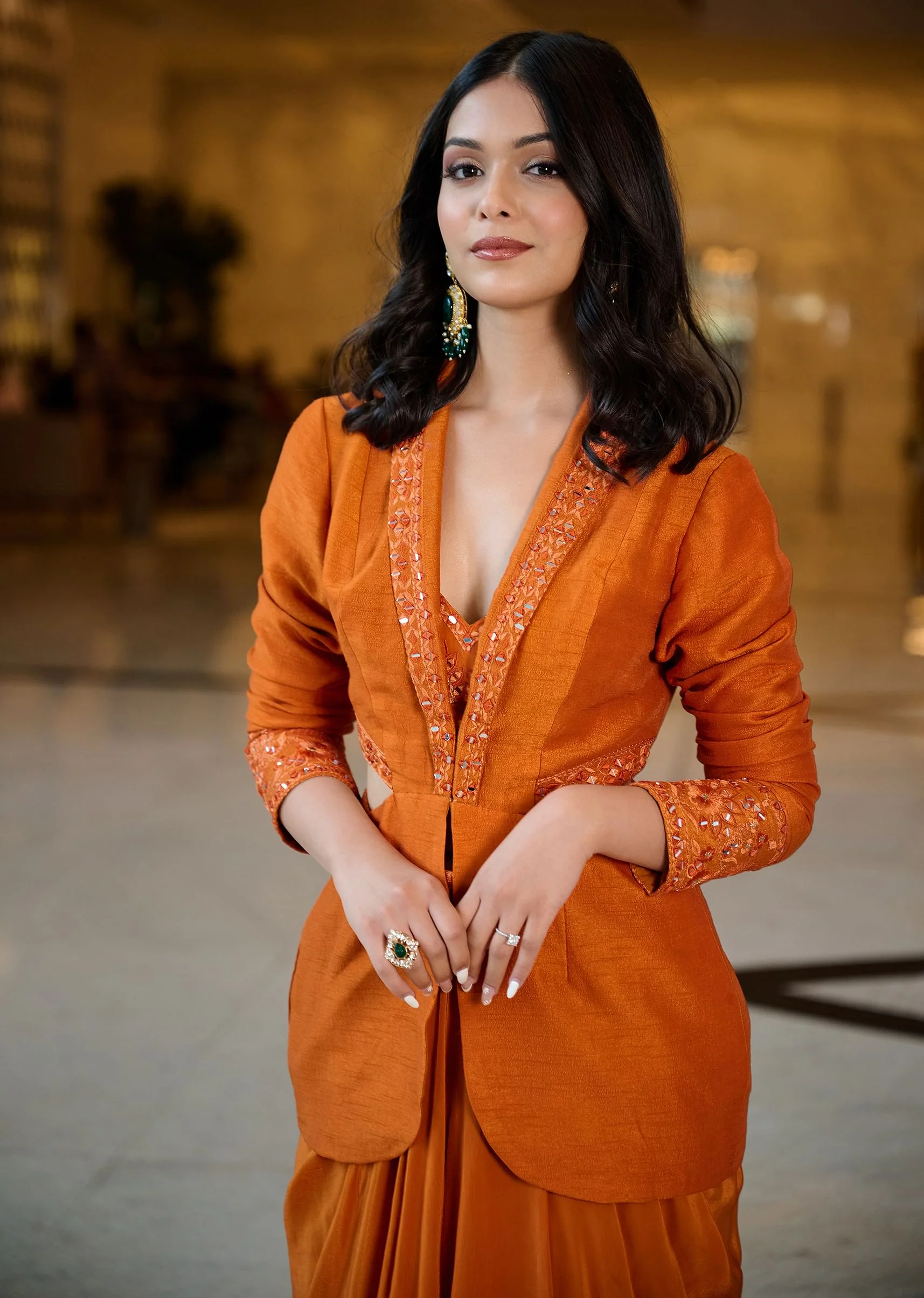 Rust Organza Jacket With Bustier And Draped Skirt - Image 7
