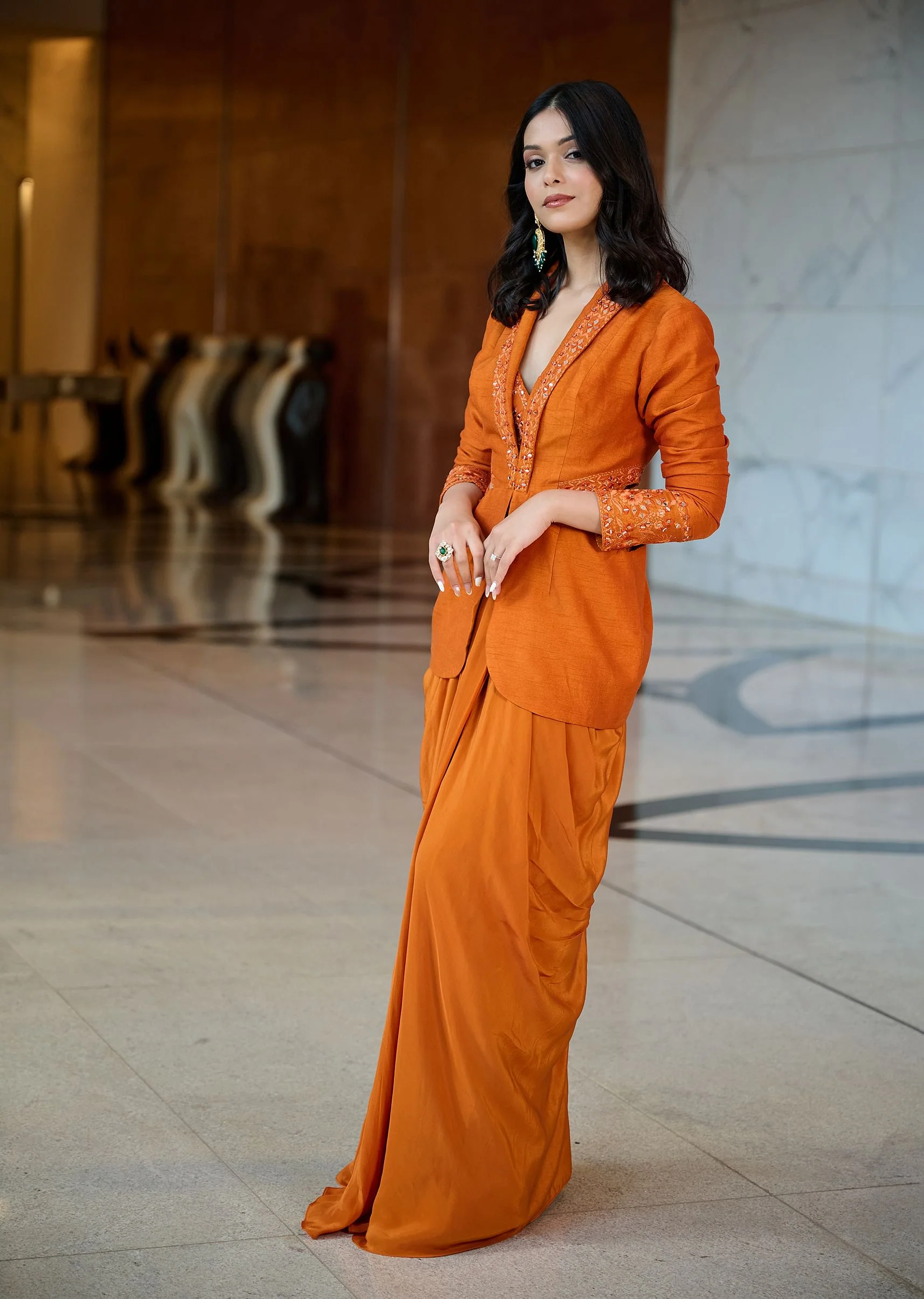 Rust Organza Jacket With Bustier And Draped Skirt - Image 8