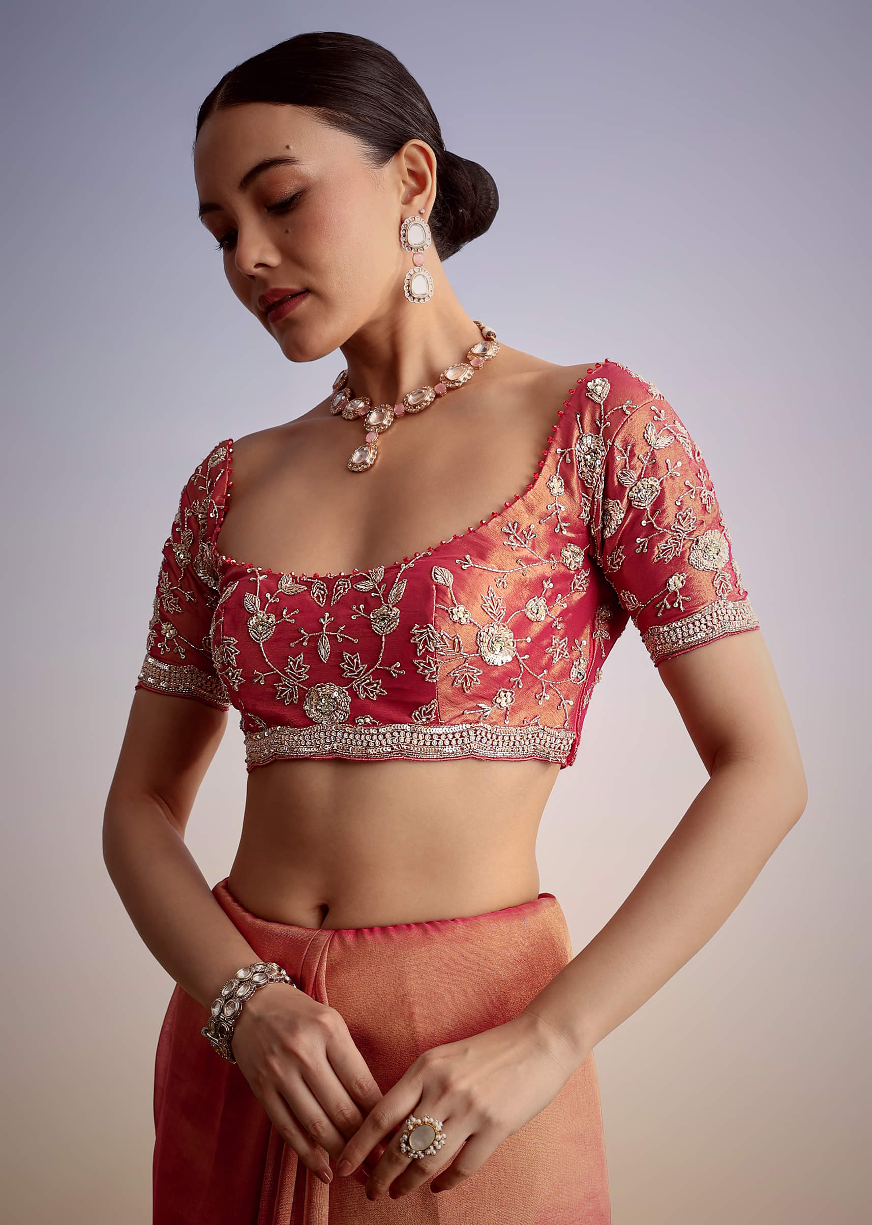 Rust Pink Tissue Saree With Zardosi Cutdana Embroidery - Image 8