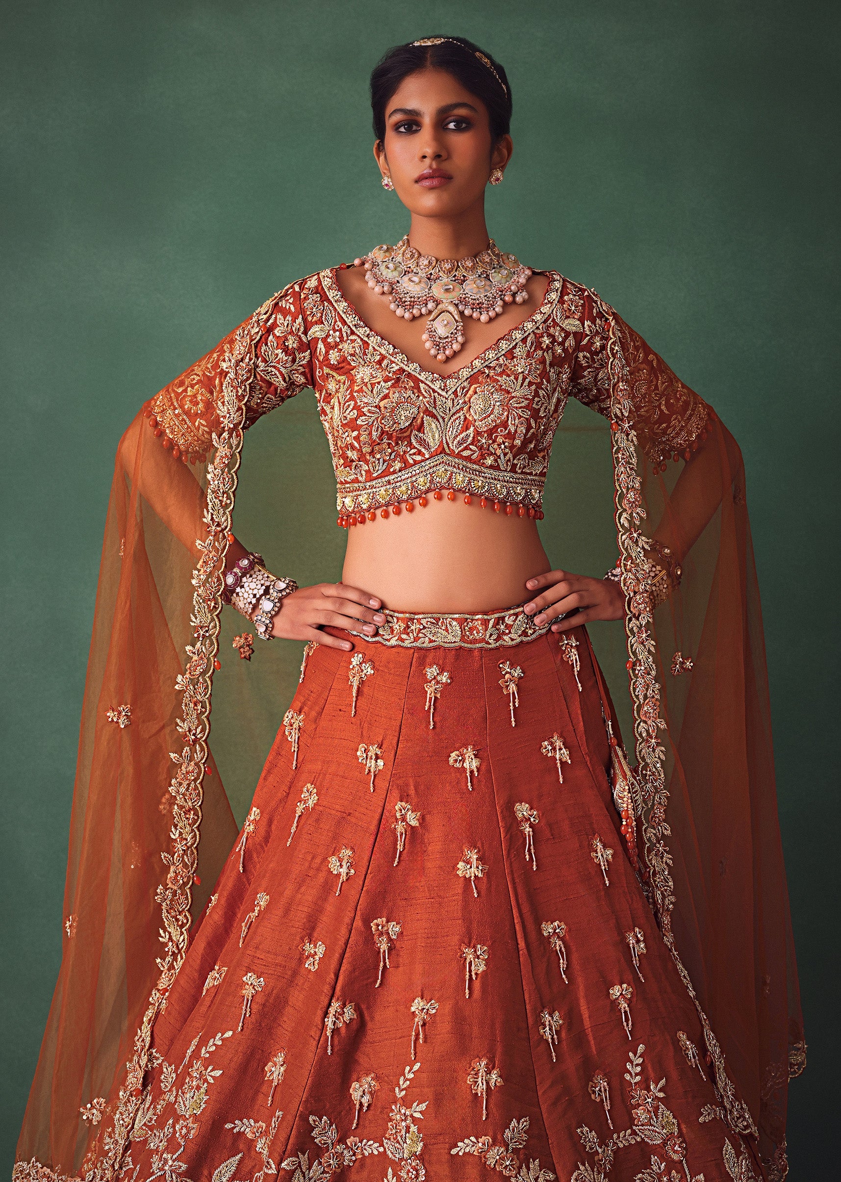 Rust Raw Silk Bridal Kali Lehenga With Embroidered Blouse And Dupatta - Image 2