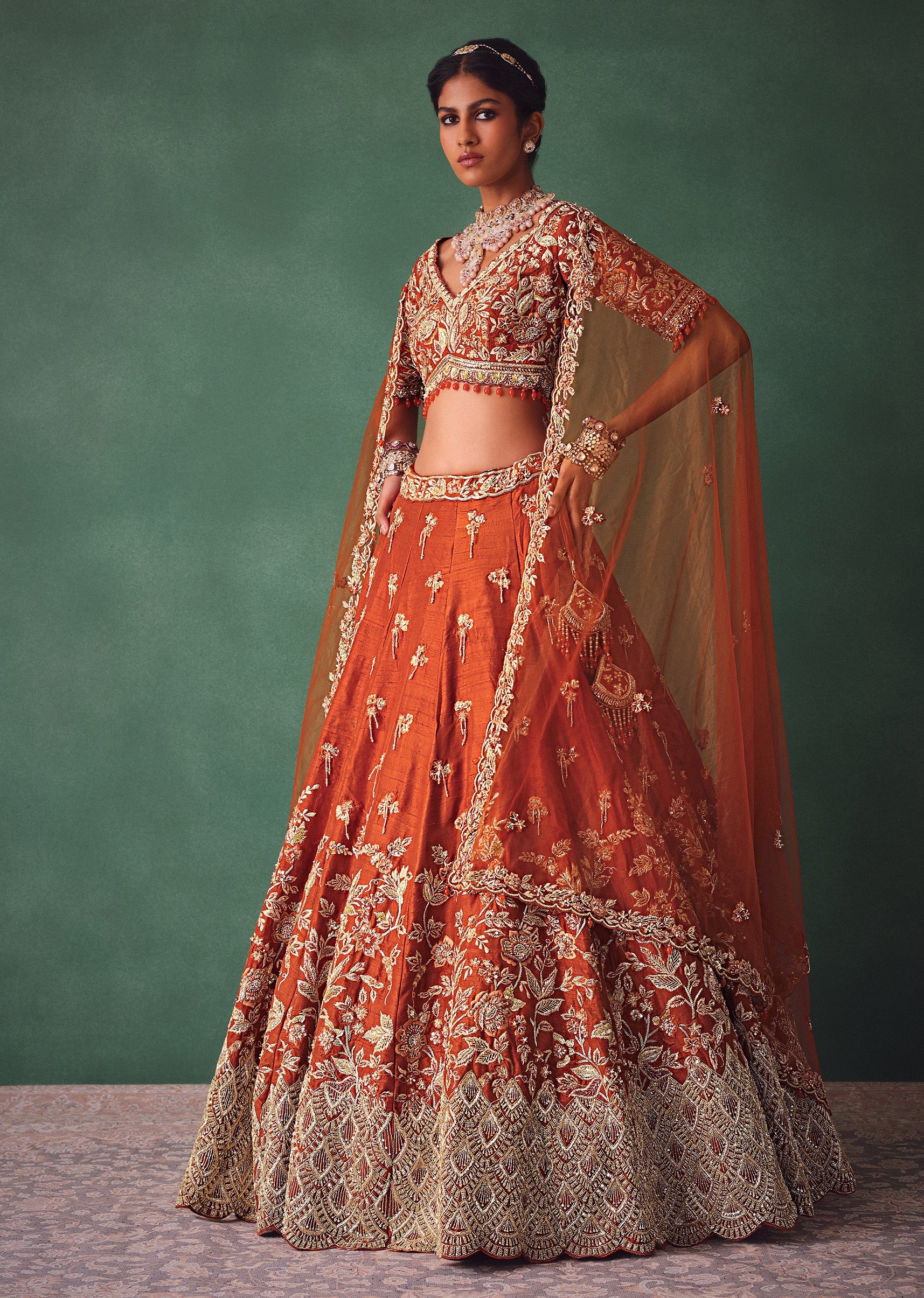 Rust Raw Silk Bridal Kali Lehenga With Embroidered Blouse And Dupatta - Image 3