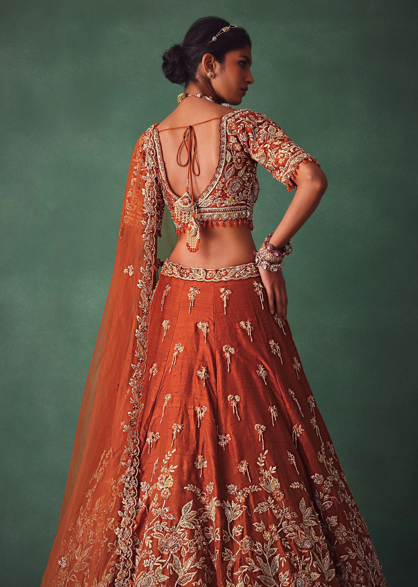 Rust Raw Silk Bridal Kali Lehenga With Embroidered Blouse And Dupatta - Image 4