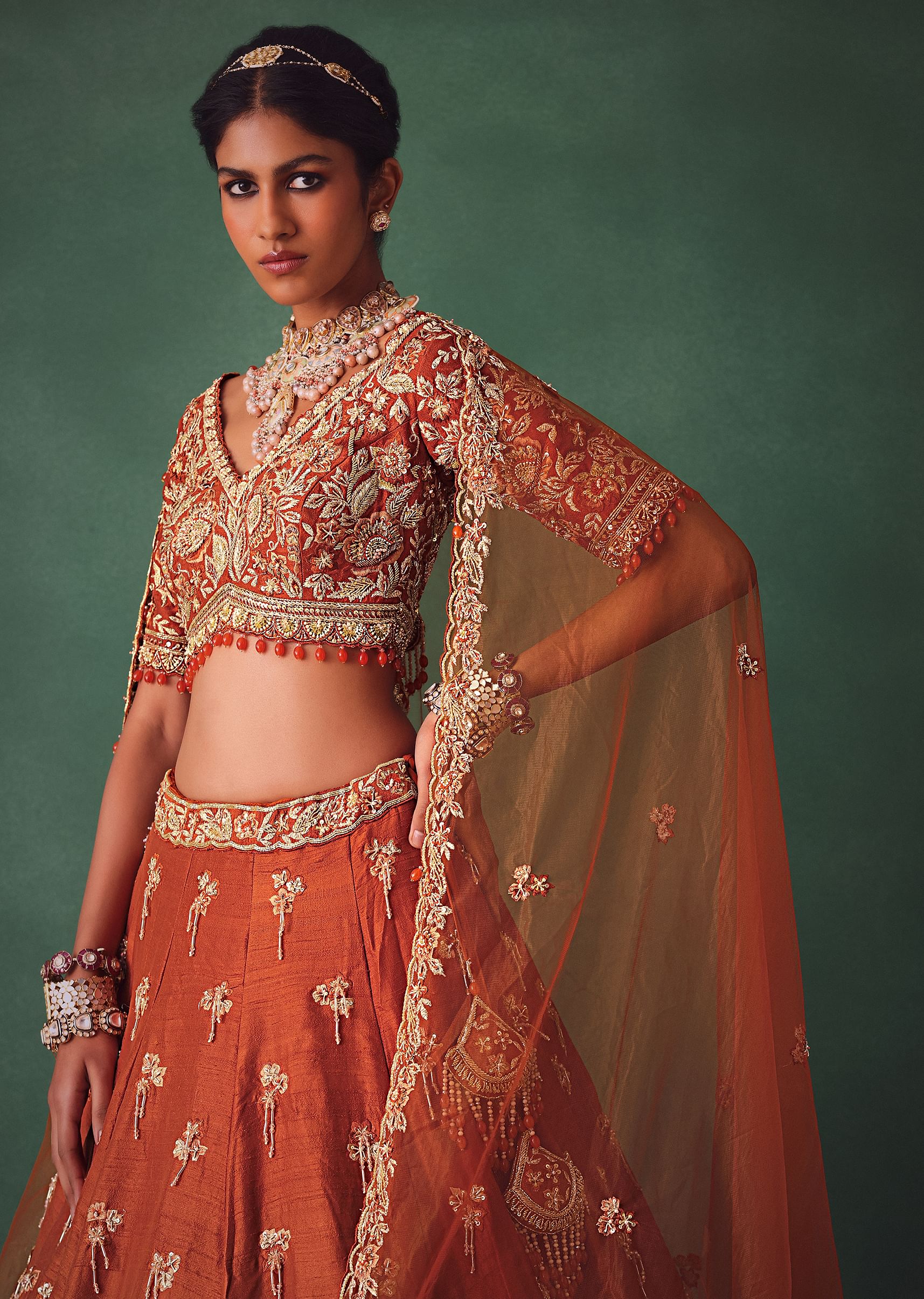 Rust Raw Silk Bridal Kali Lehenga With Embroidered Blouse And Dupatta - Image 5