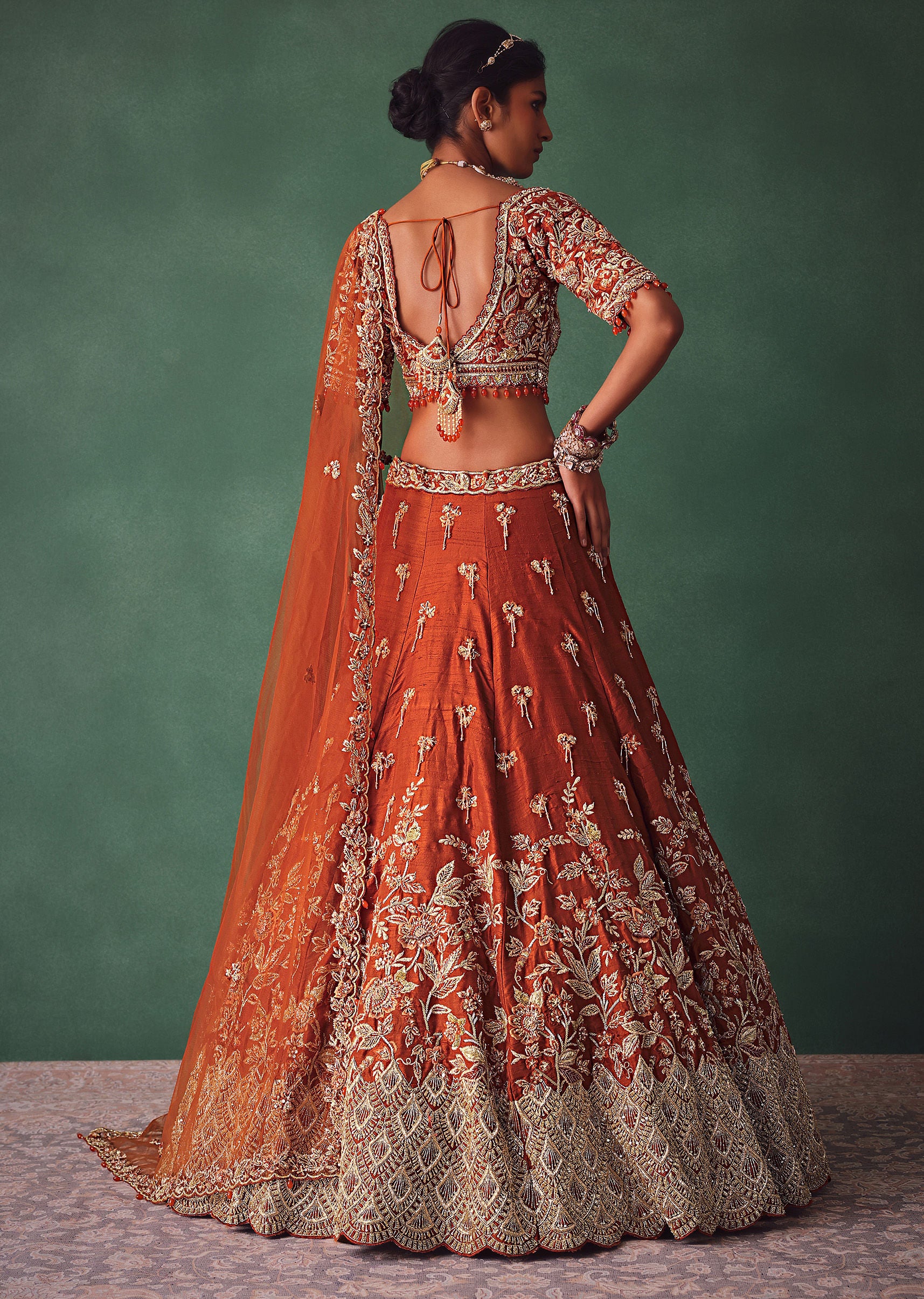 Rust Raw Silk Bridal Kali Lehenga With Embroidered Blouse And Dupatta - Image 6