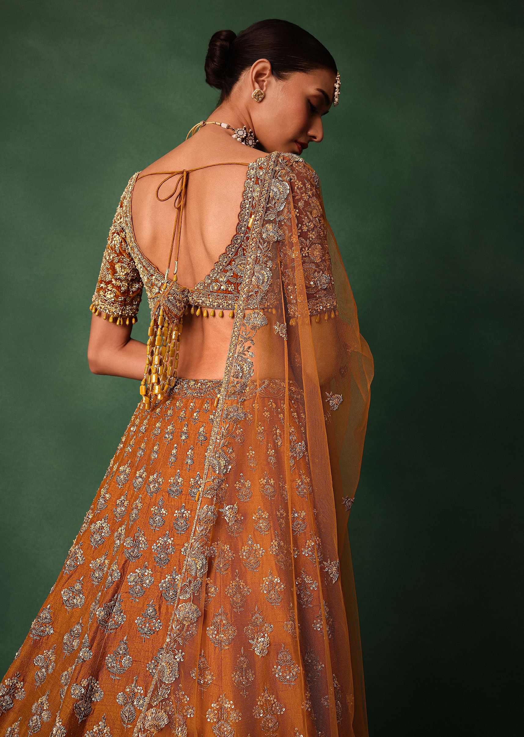 Rust Raw Silk Zardosi Embroidered Bridal Lehenga With Dupatta - Image 4