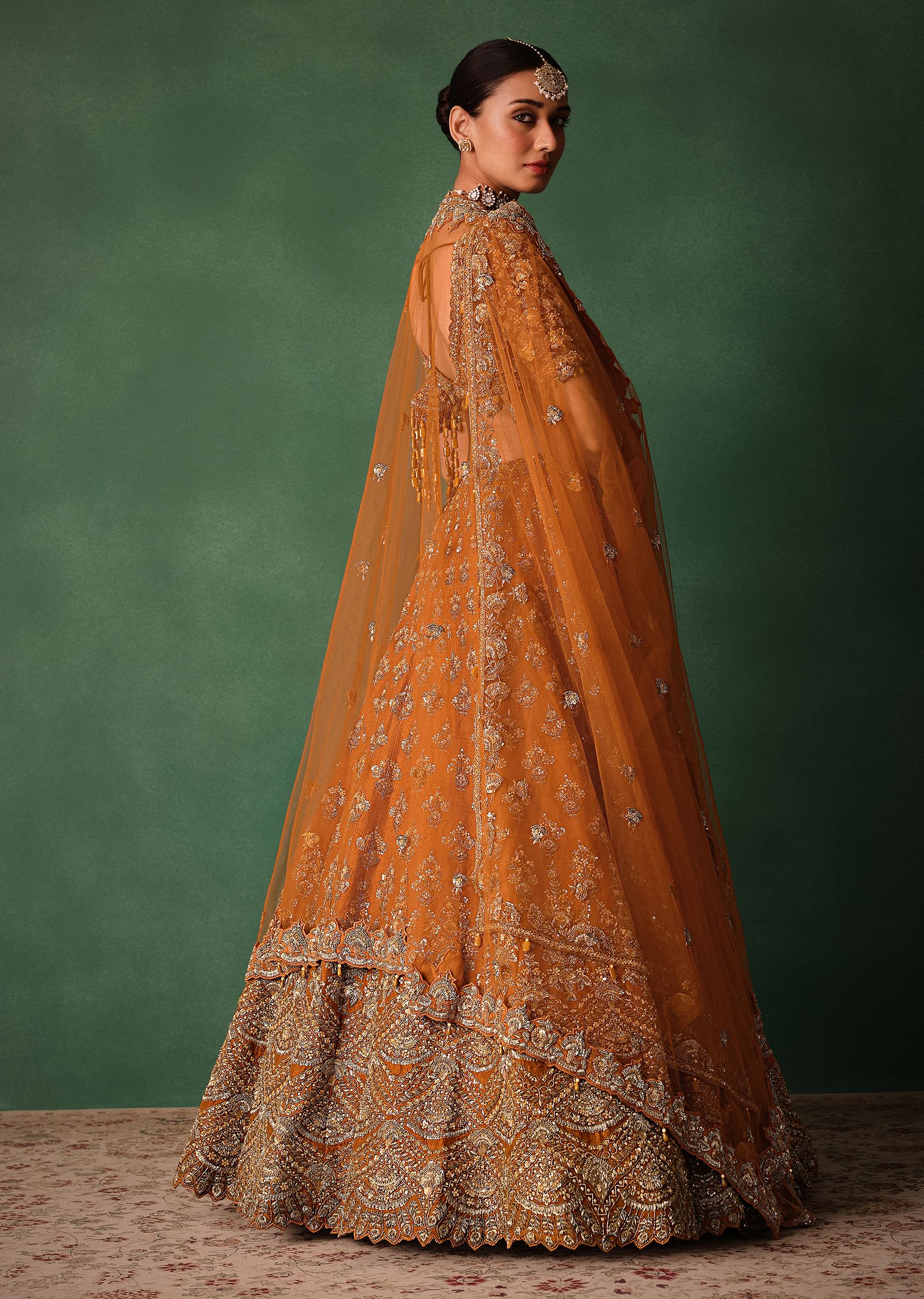 Rust Raw Silk Zardosi Embroidered Bridal Lehenga With Dupatta - Image 6