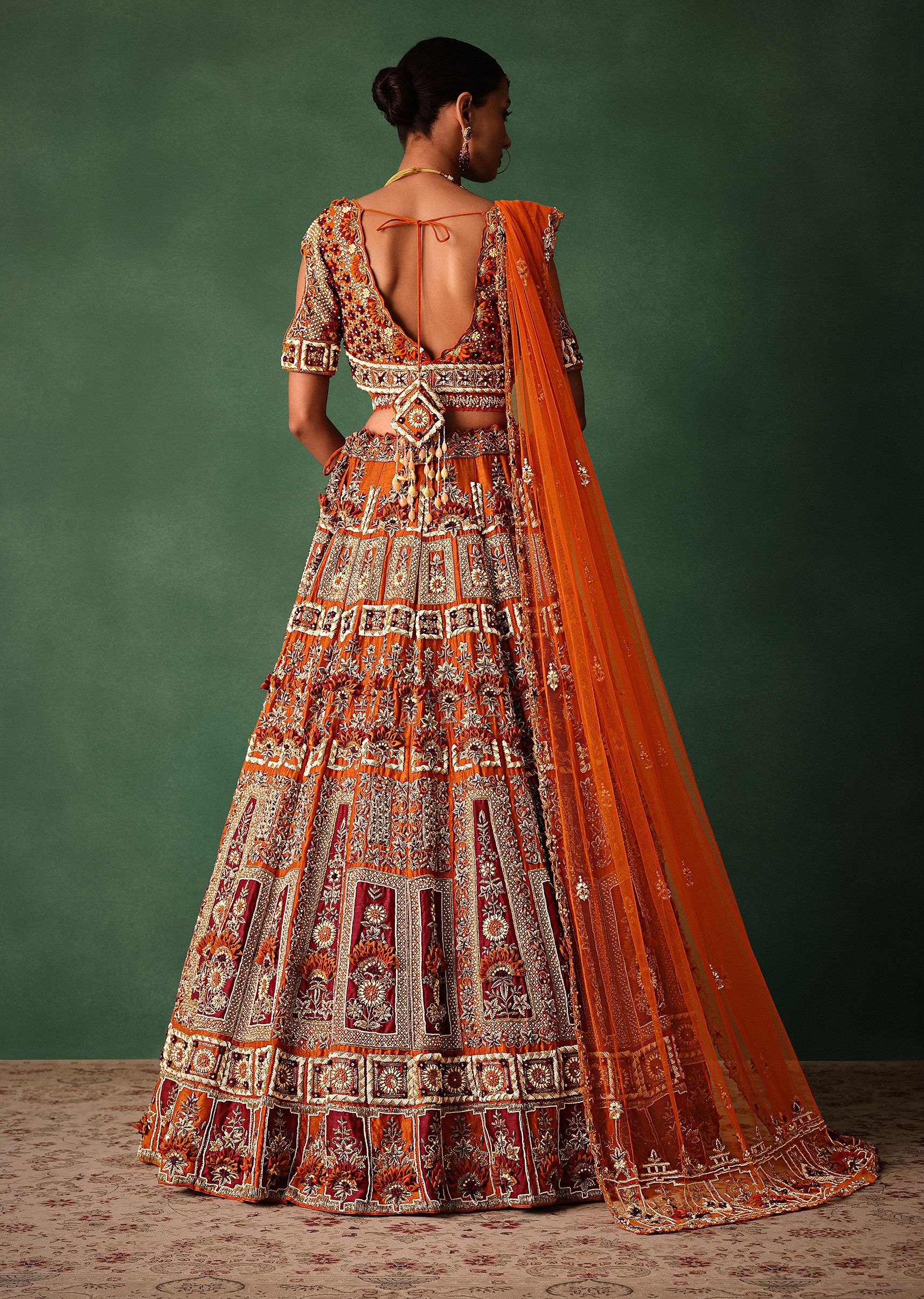 Rust Red Hand Work Bridal Lehenga With Deep Neckline Blouse And Dupatta - Image 6