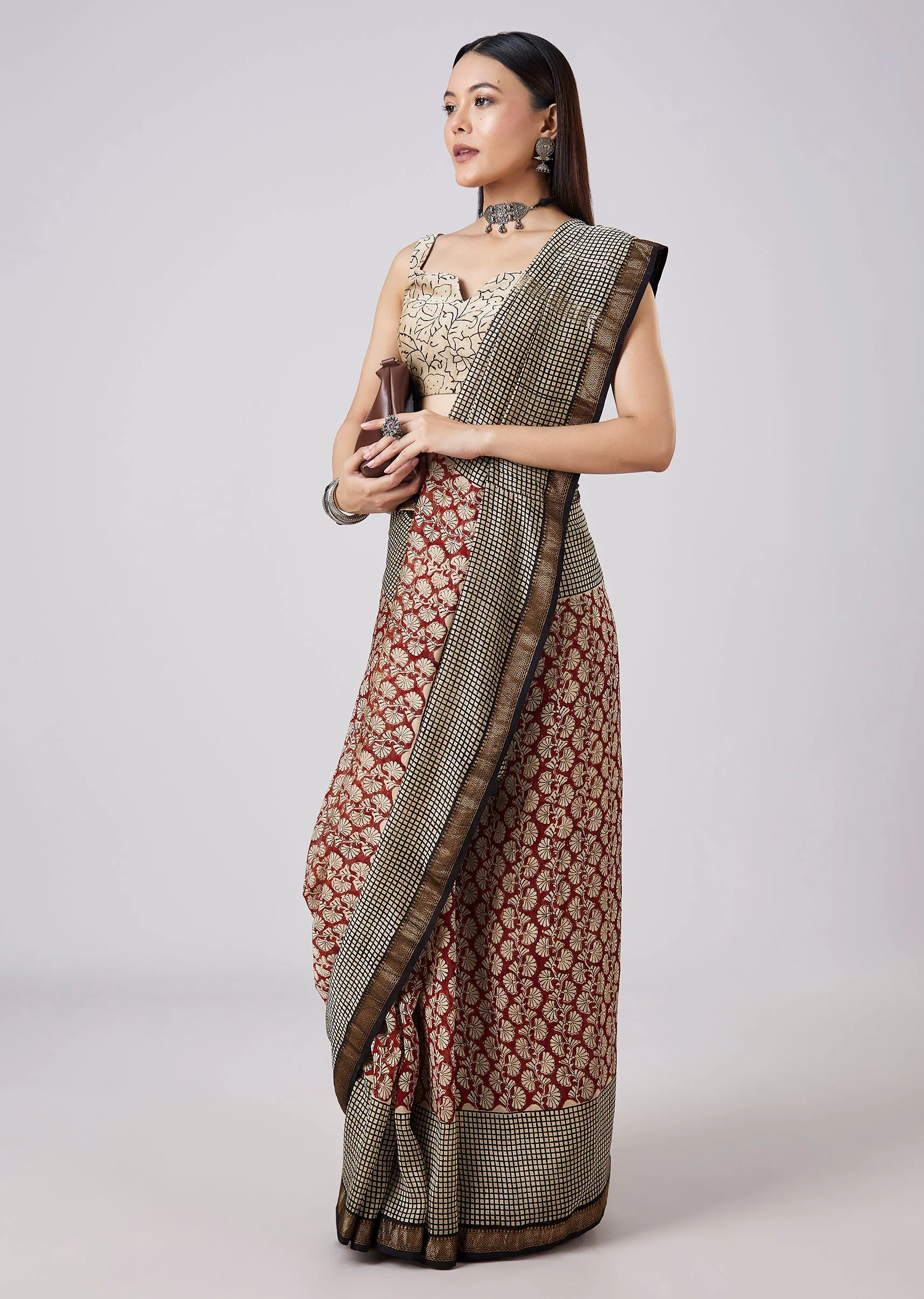 Rust Saree with Hand Painted Motifs and Stitched Blouse - Image 3