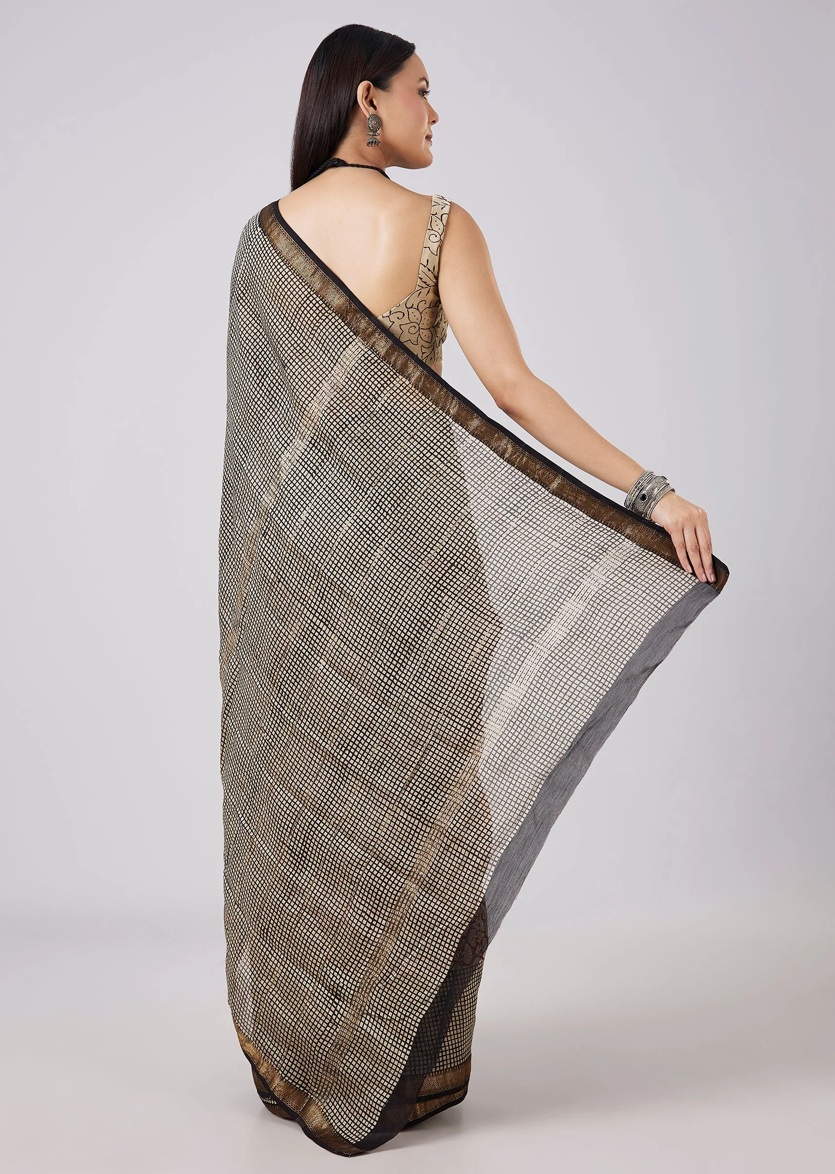 Rust Saree with Hand Painted Motifs and Stitched Blouse - Image 4