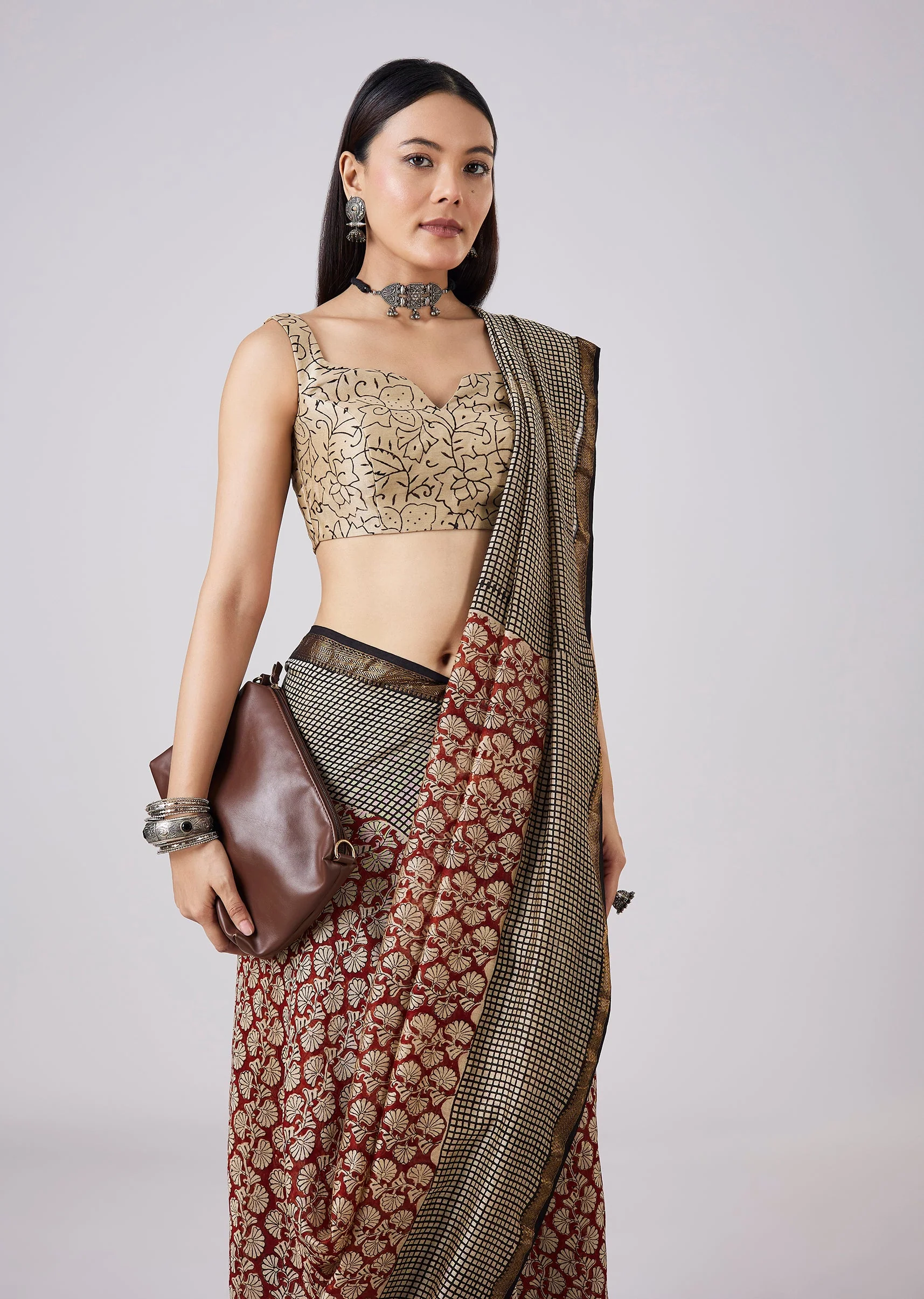 Rust Saree with Hand Painted Motifs and Stitched Blouse - Image 5