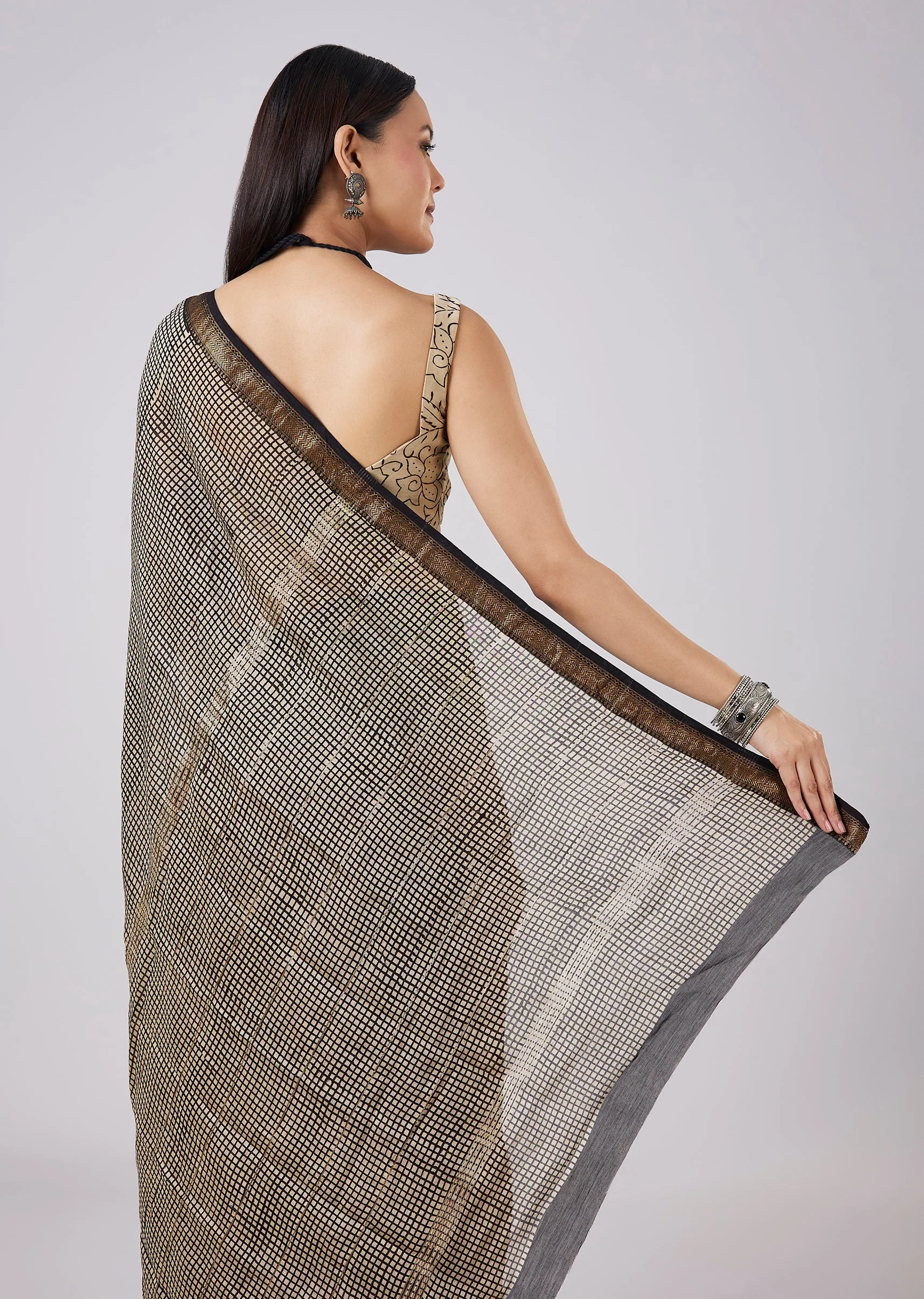 Rust Saree with Hand Painted Motifs and Stitched Blouse - Image 6