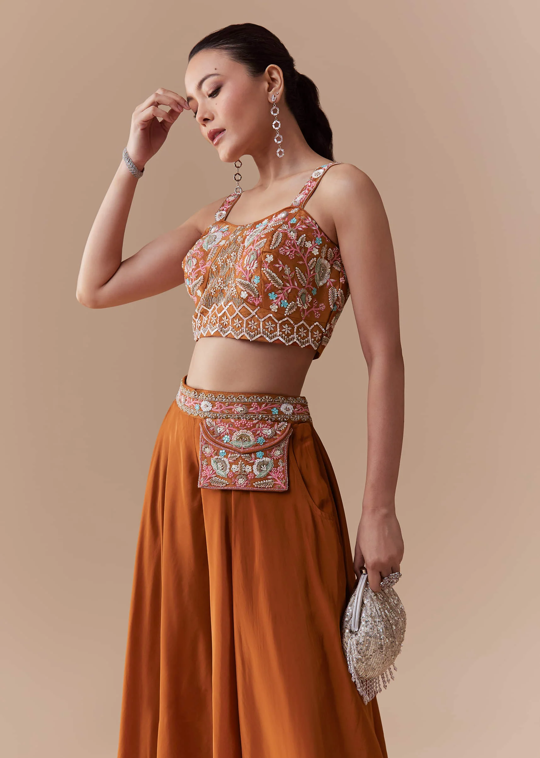 Rust Silk Crop Top Palazzo Set with Cudtana Embroidery - Image 4
