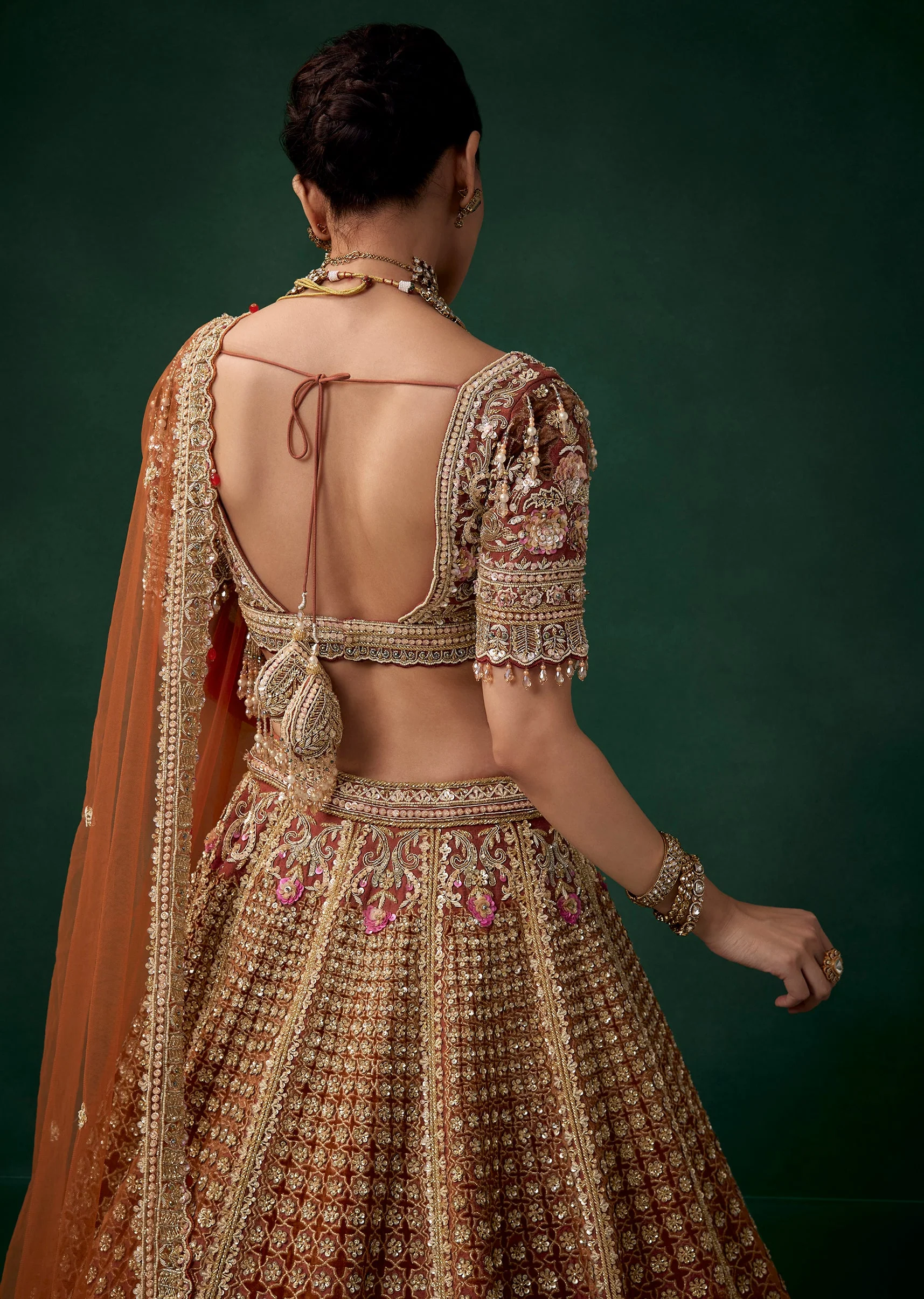 Rust Velvet Patchwork Bridal Lehenga Set with Two Dupattas - Image 5