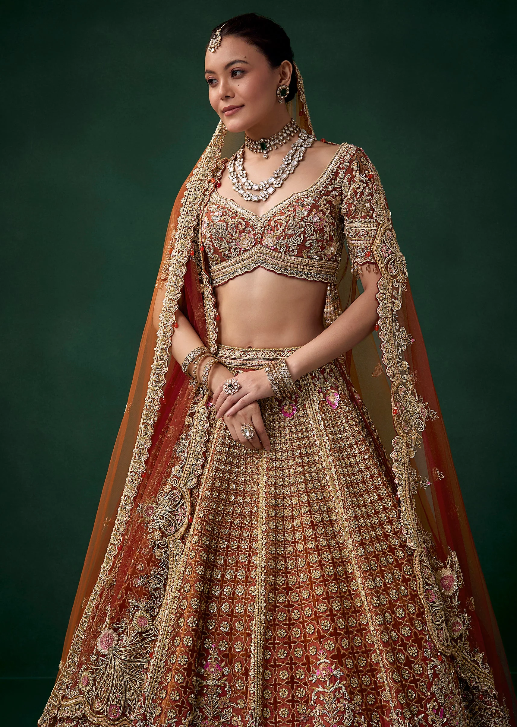 Rust Velvet Patchwork Bridal Lehenga Set with Two Dupattas - Image 6