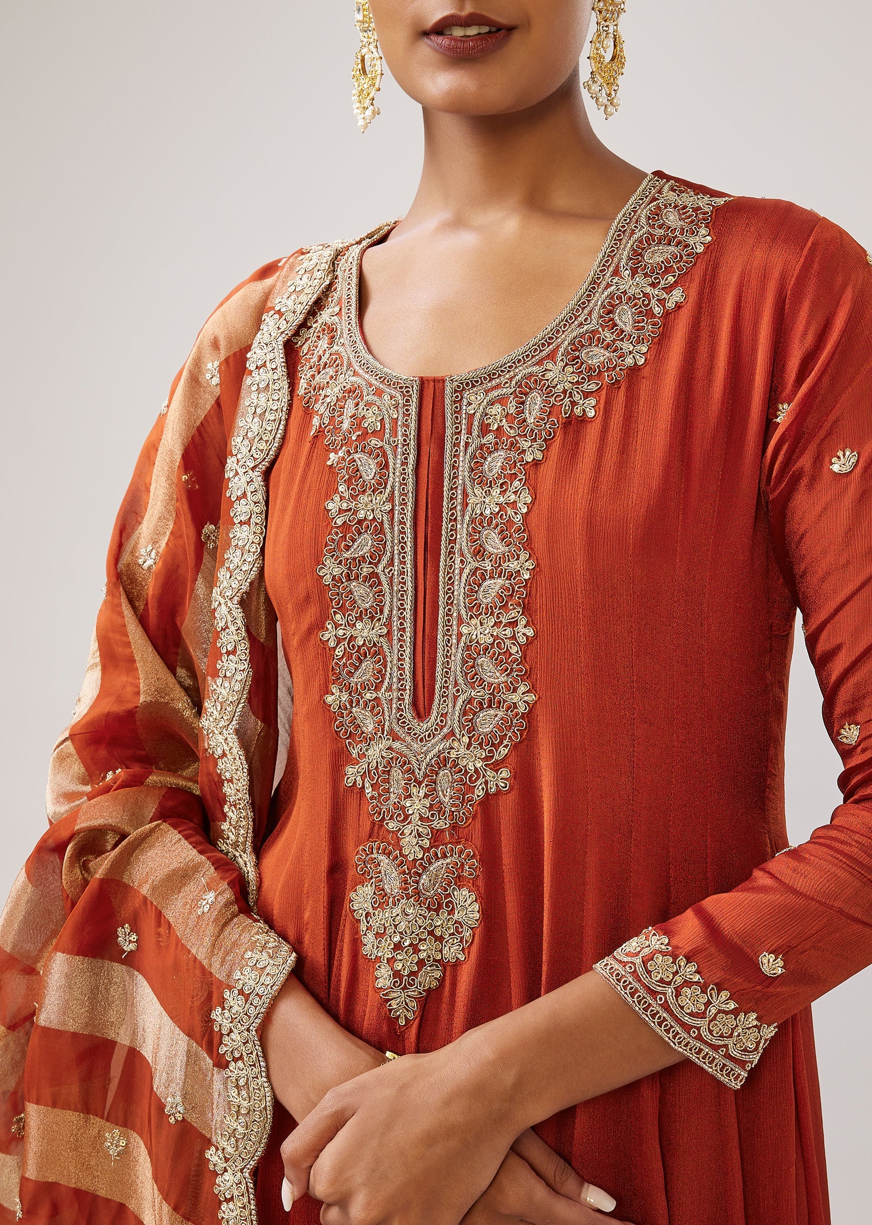 Rust Zardozi Work Chinon Anarkali With Embroidered Dupatta - Image 2