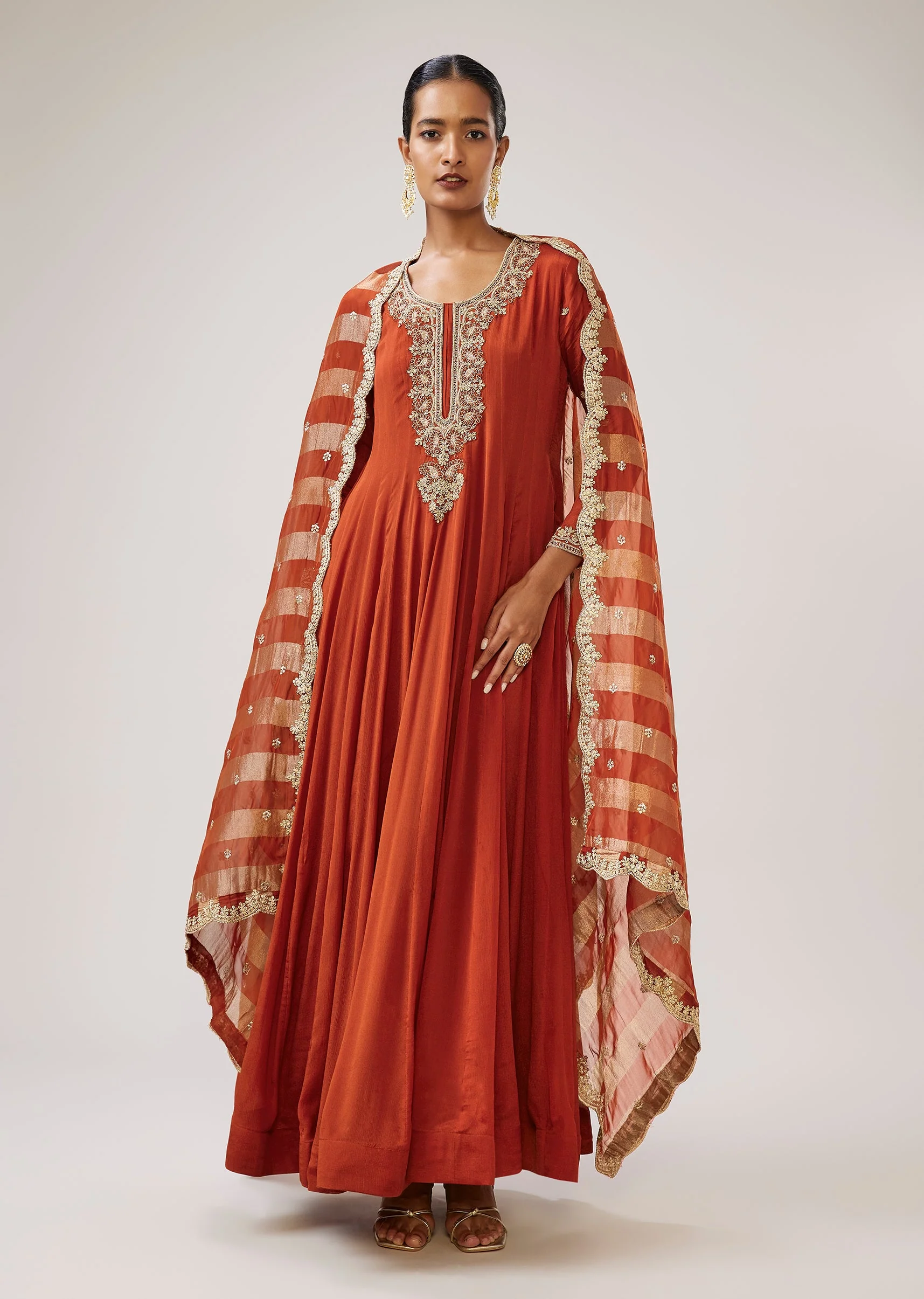 Rust Zardozi Work Chinon Anarkali With Embroidered Dupatta - Image 3