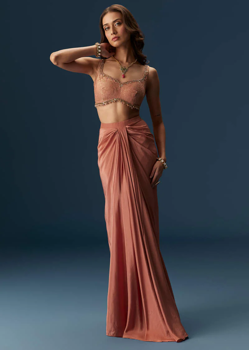 Rusty Pink Embroidered Blouse And Draped Skirt Set With Embellished Cape - Image 6