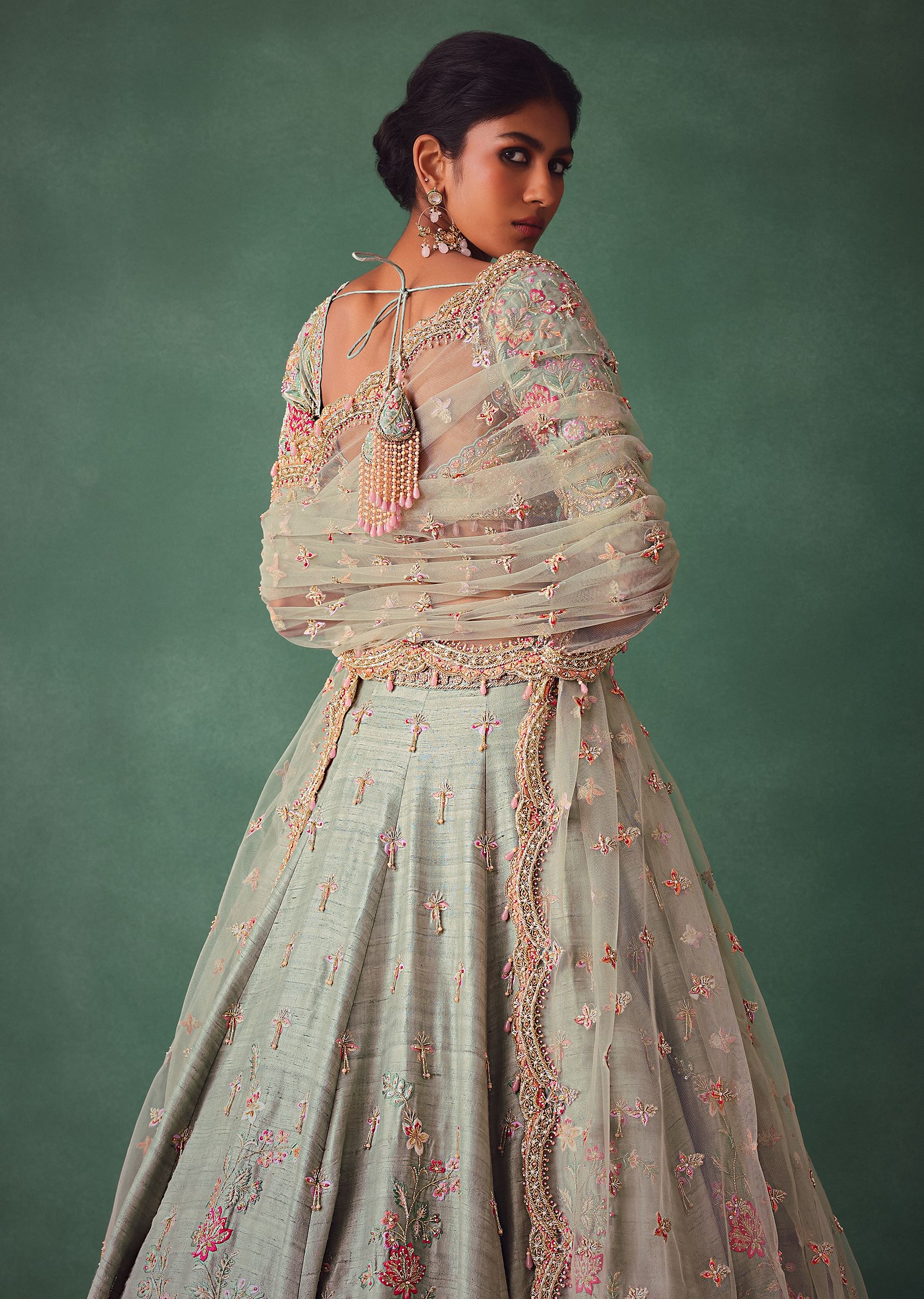 Sage Green Kali Lehenga With Embroidered Blouse And Dupatta - Image 4