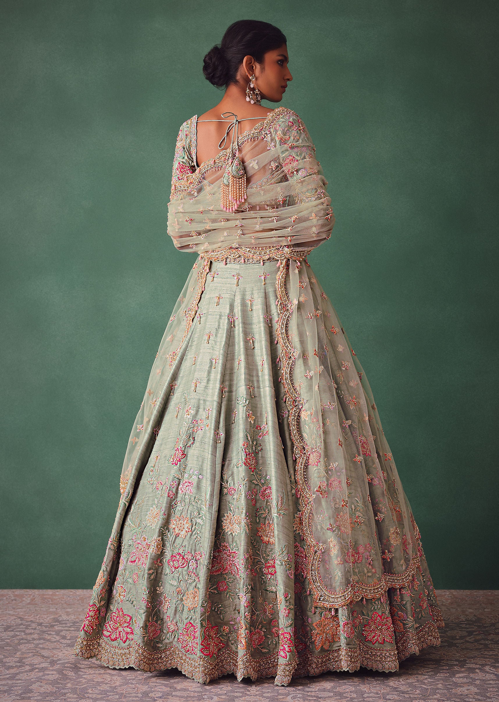 Sage Green Kali Lehenga With Embroidered Blouse And Dupatta - Image 6