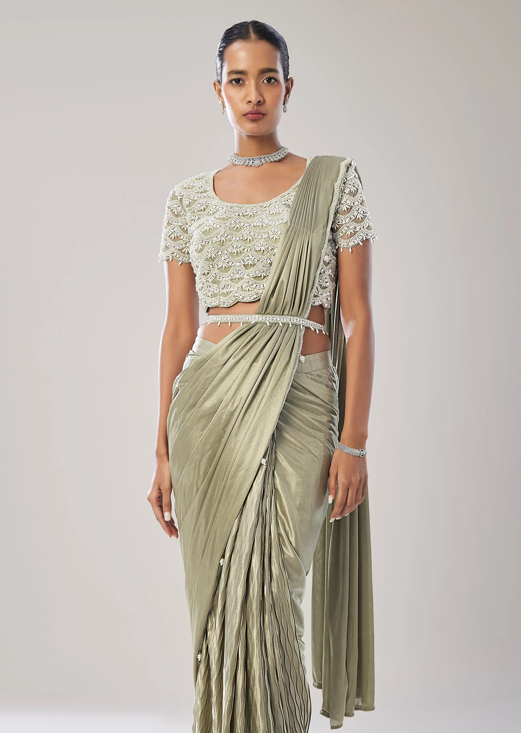 Sage Green Ready Pleated Saree With Belt - Image 4