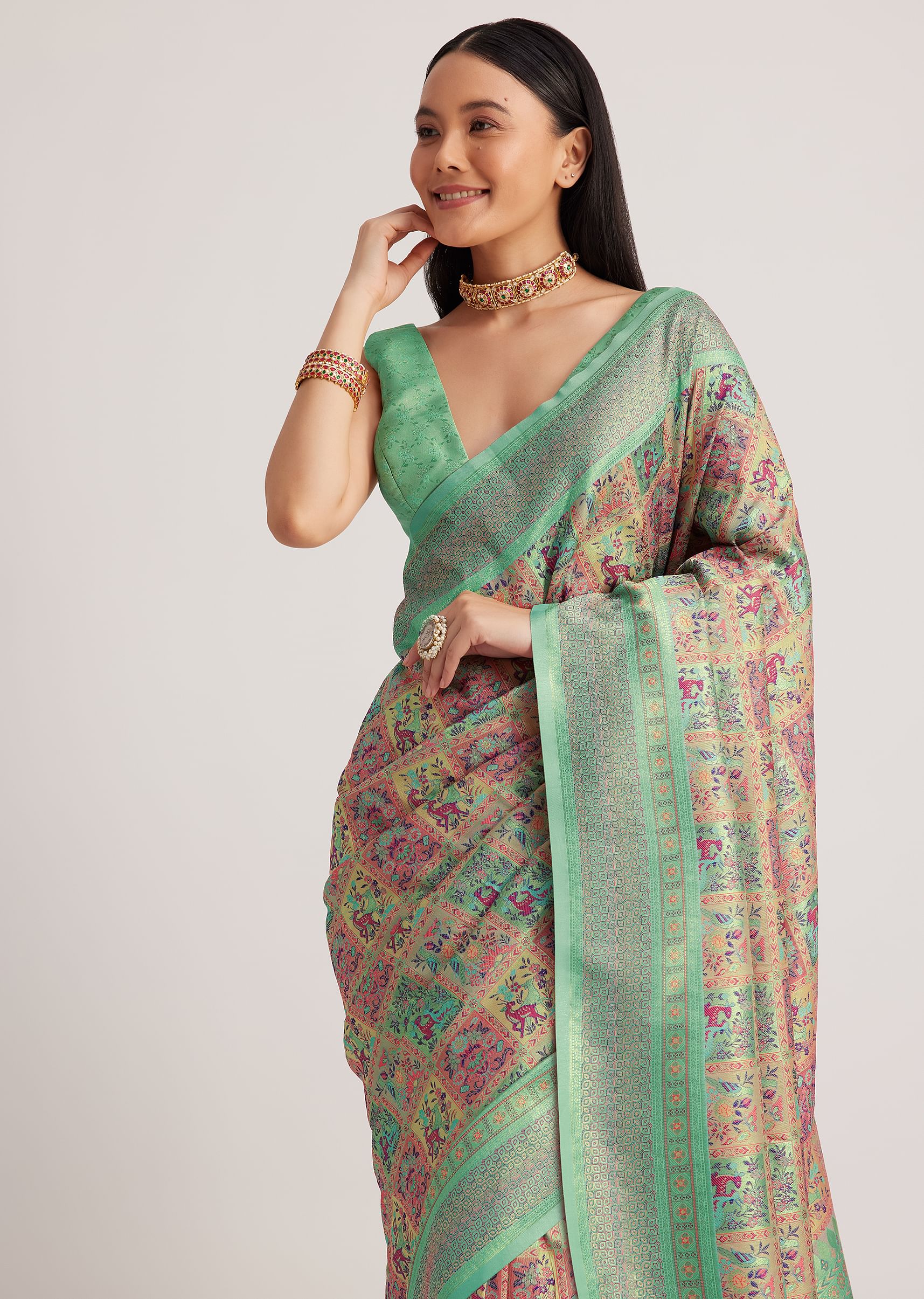 Sage Green Silk Saree With Woven Work