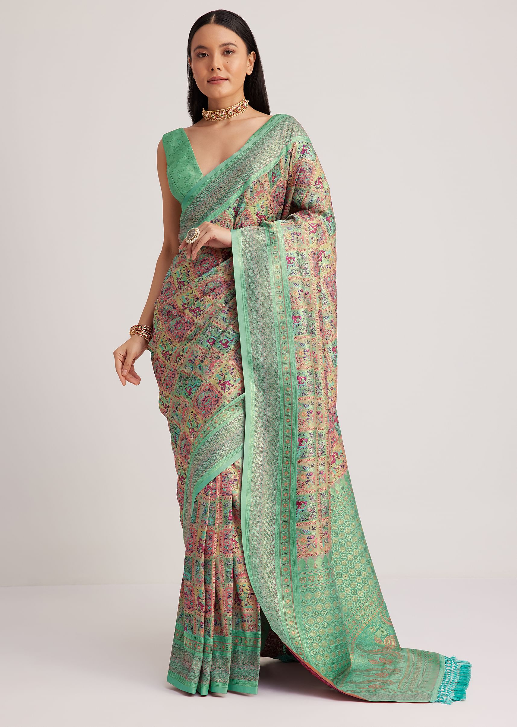 Sage Green Silk Saree With Woven Work - Image 2