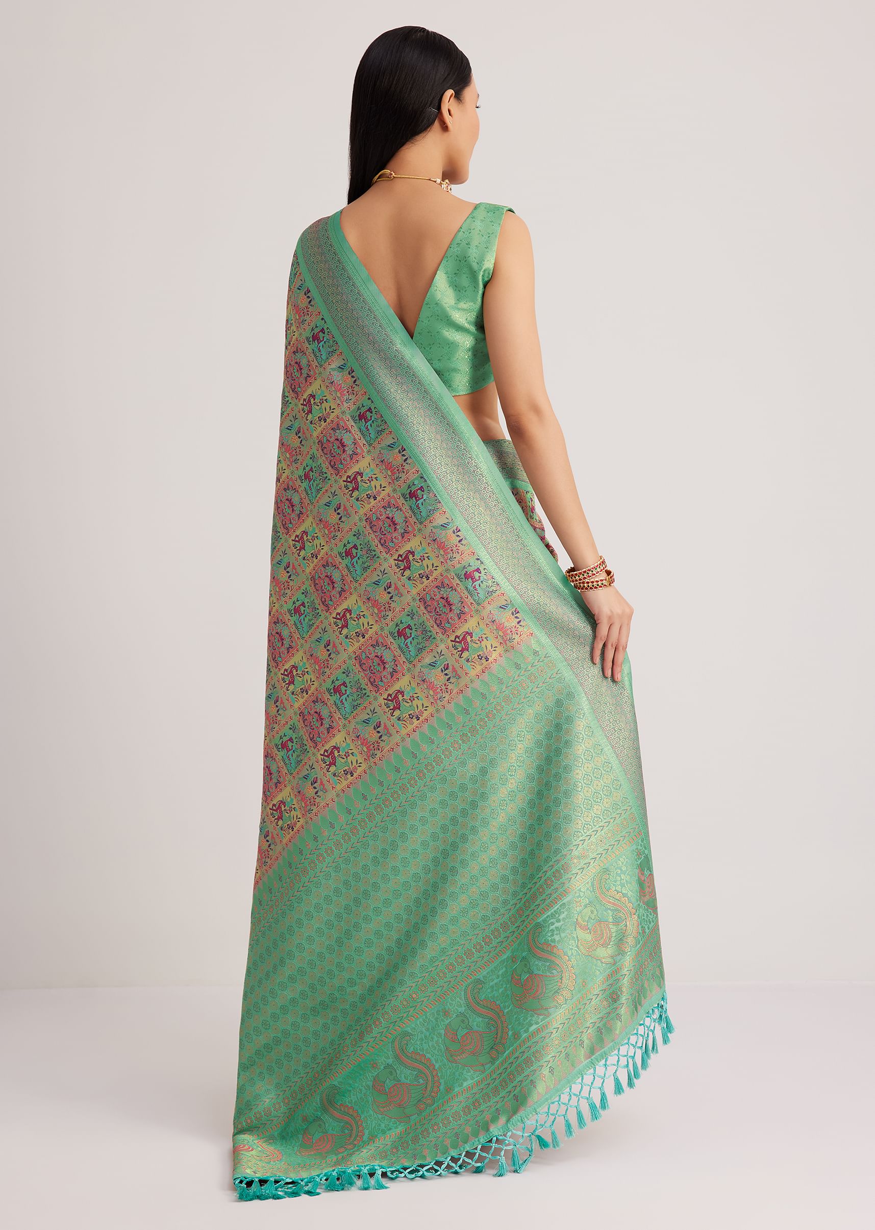 Sage Green Silk Saree With Woven Work - Image 6