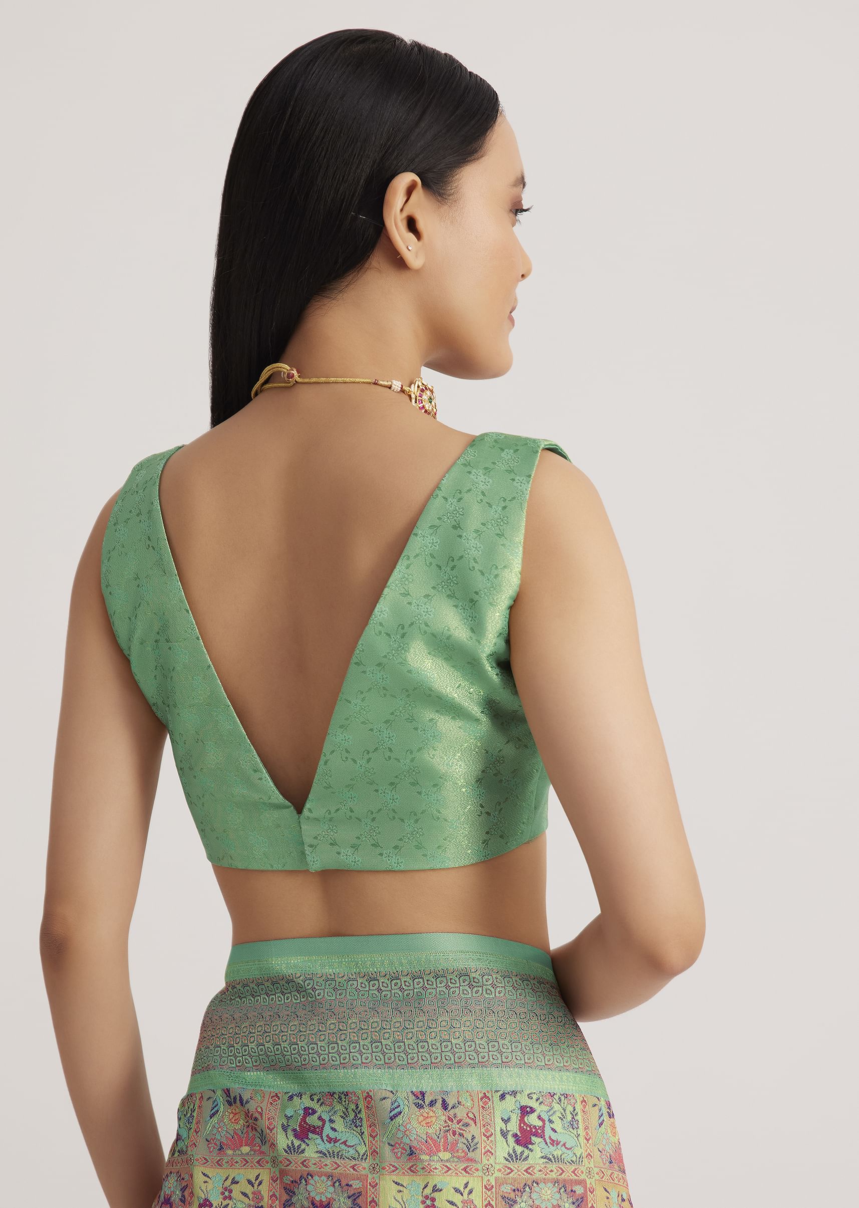 Sage Green Silk Saree With Woven Work - Image 8