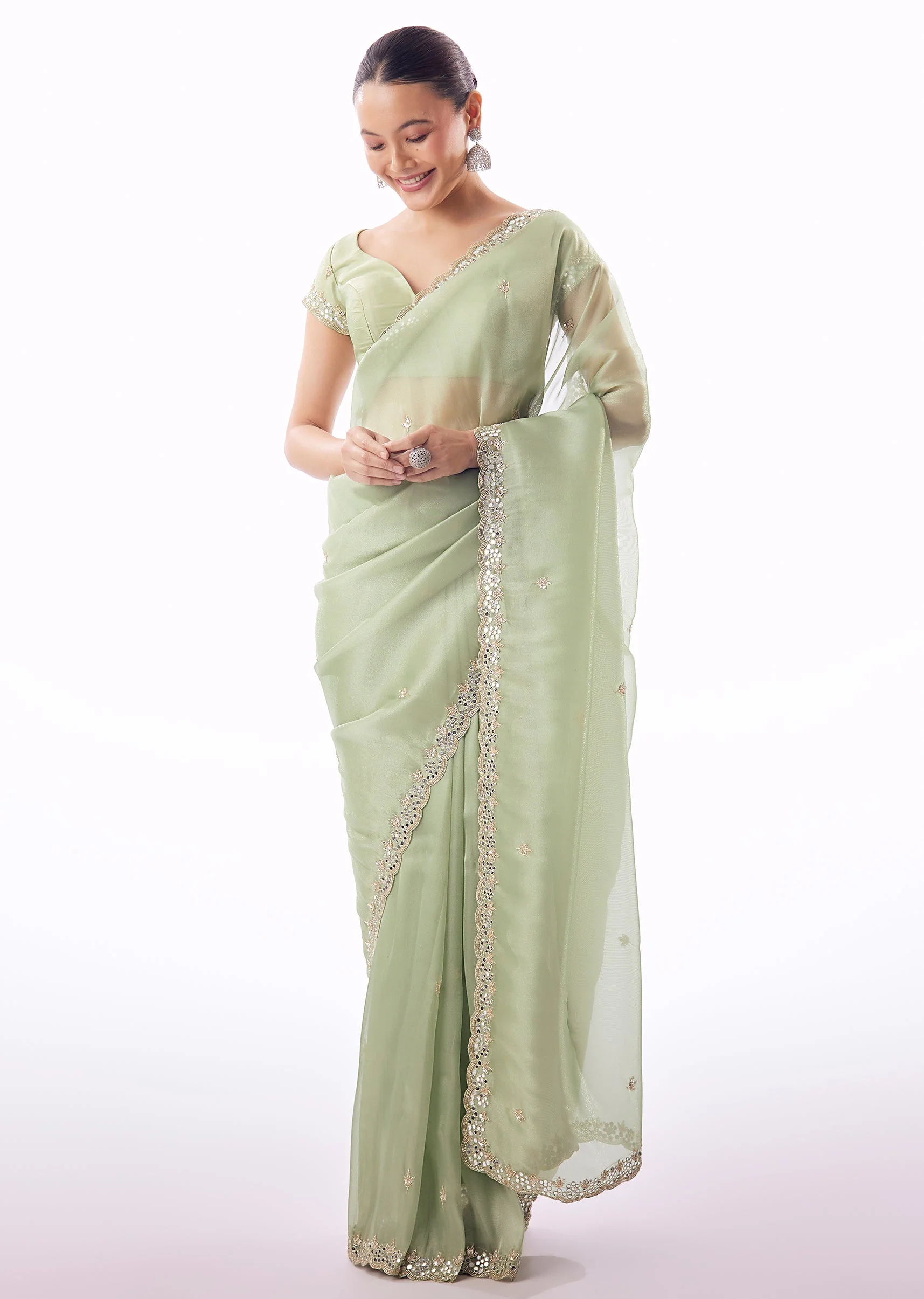 Sage Green Tissue Saree With Scallop Border And Cutdana Sequin Mirror Embroidery