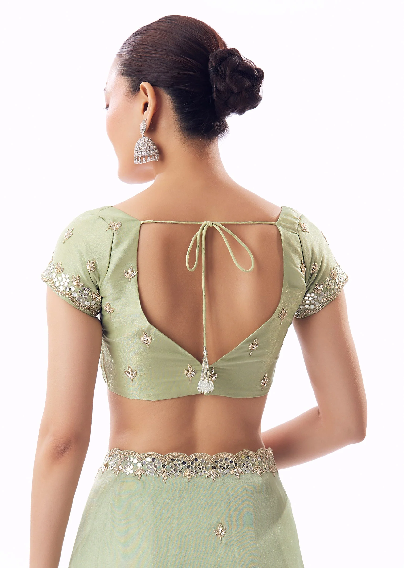 Sage Green Tissue Saree With Scallop Border And Cutdana Sequin Mirror Embroidery - Image 8