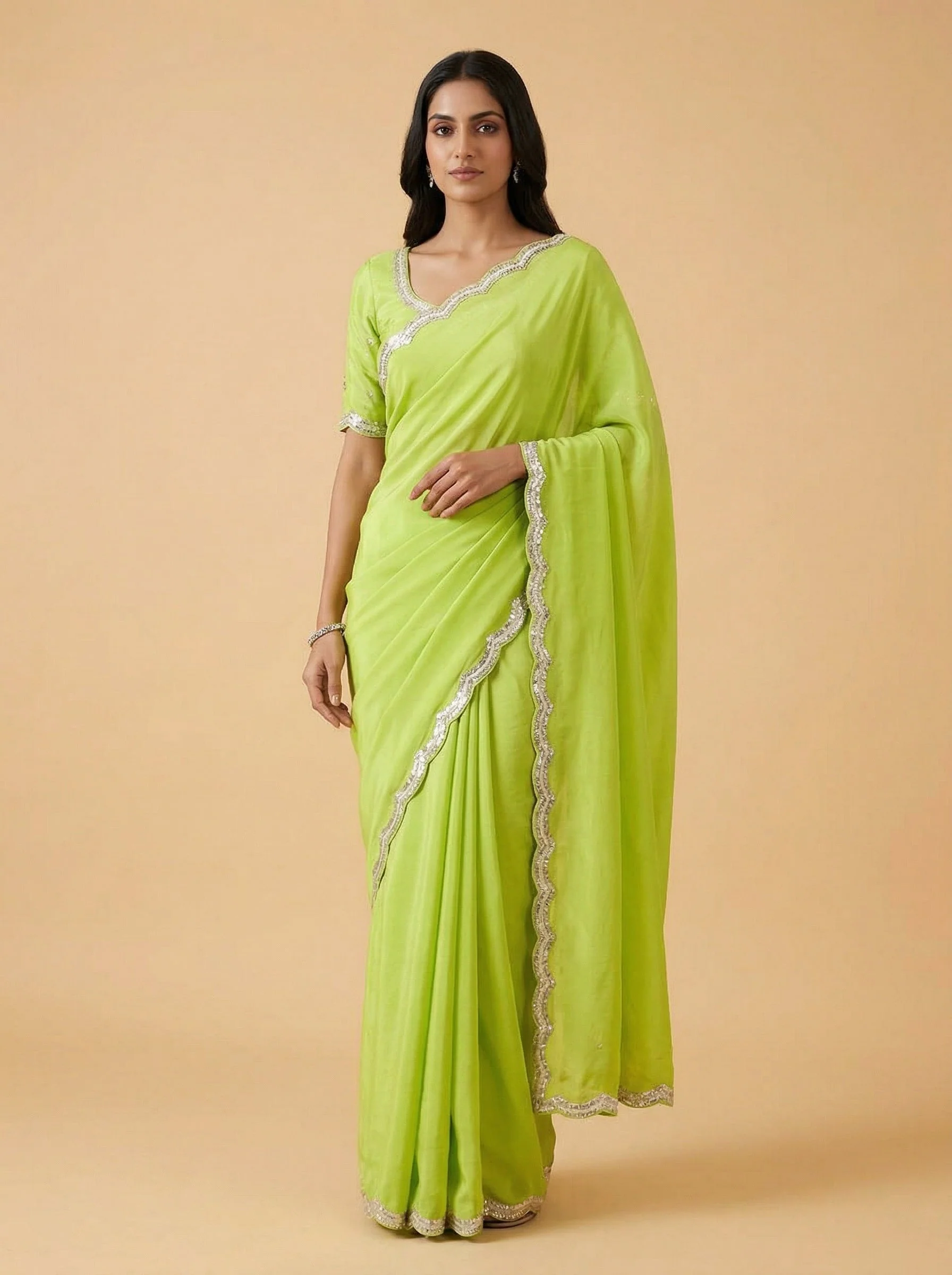 Sage Pista Green Embroidered Saree