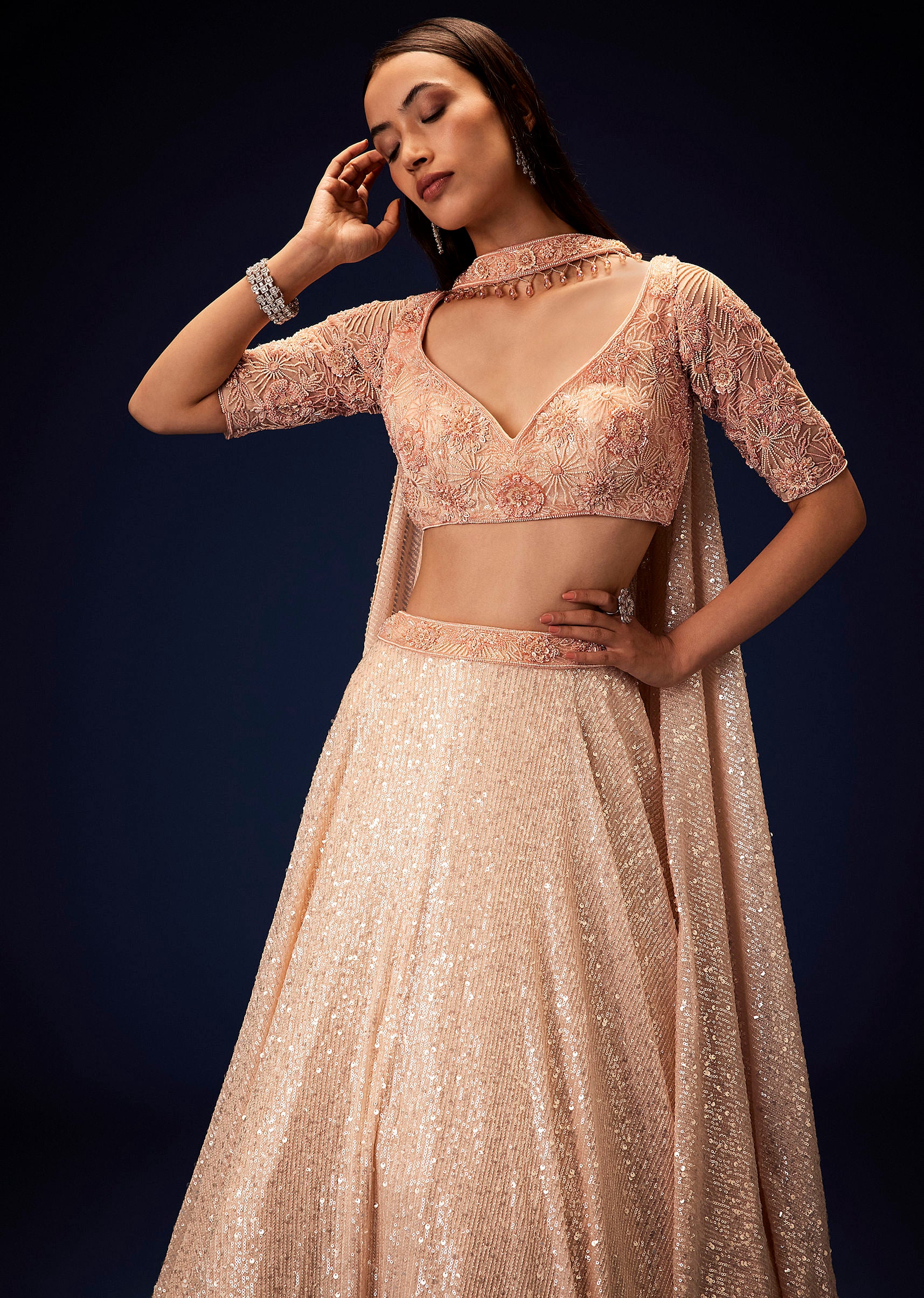 Salmon Peach Hand Embroidered Double Layer Sequence Lehenga With Frill - Image 4
