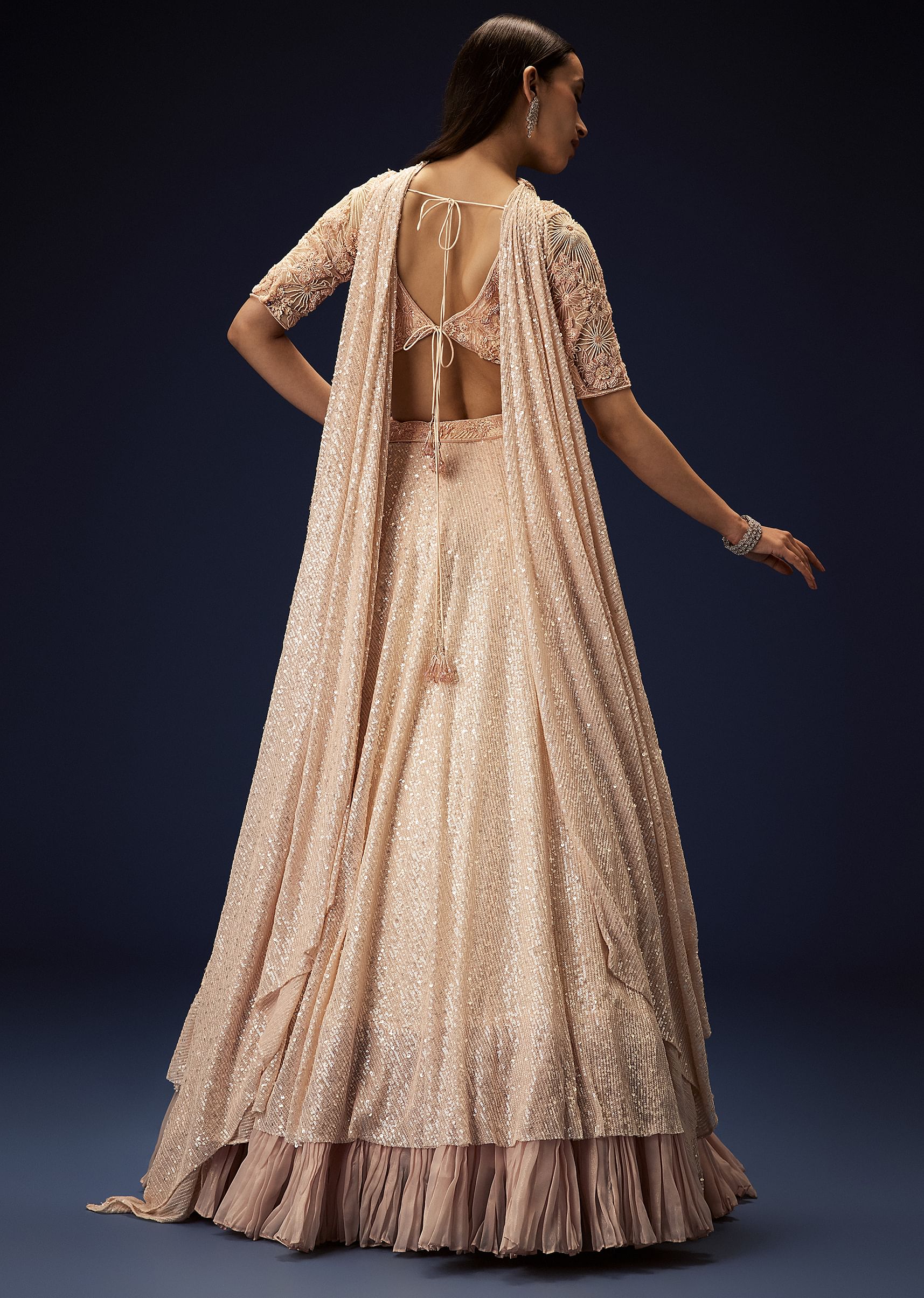 Salmon Peach Hand Embroidered Double Layer Sequence Lehenga With Frill - Image 5